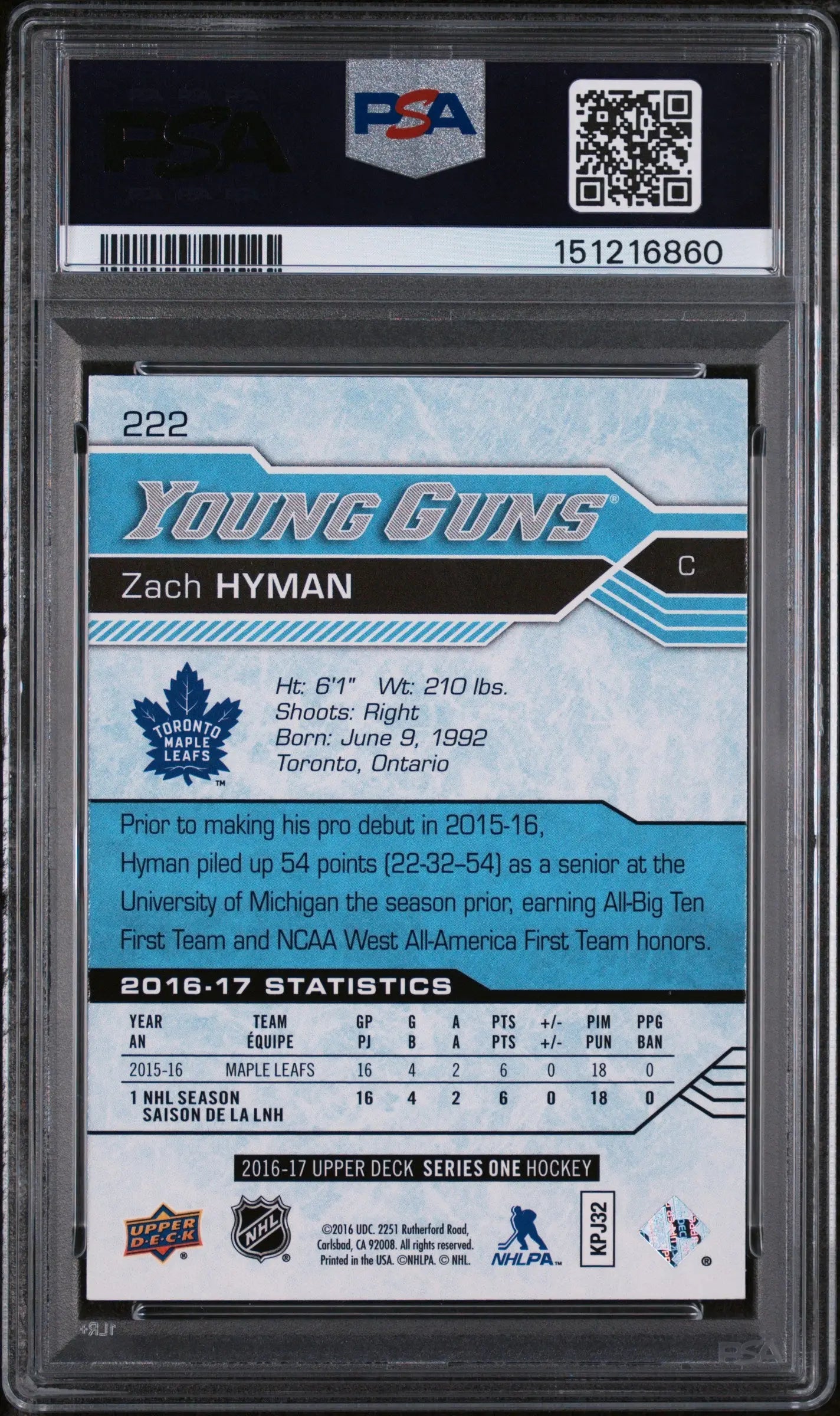 2016 Upper Deck Zach Hyman #222 PSA 10 