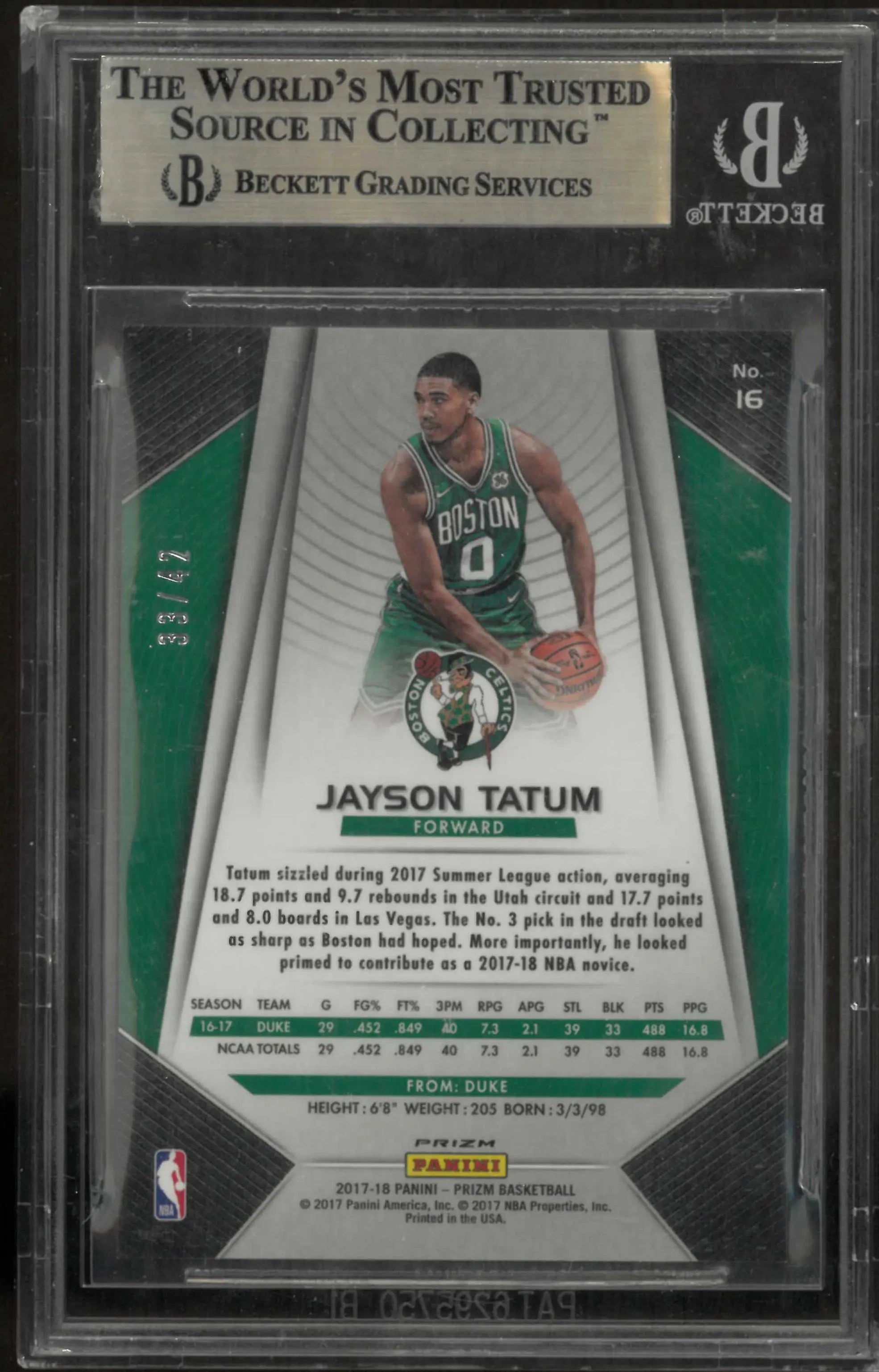 2017-18 Panini Prizm Prizms Pink Pulsar #16 Jayson Tatum Rookie /42 BGS 10.0 
