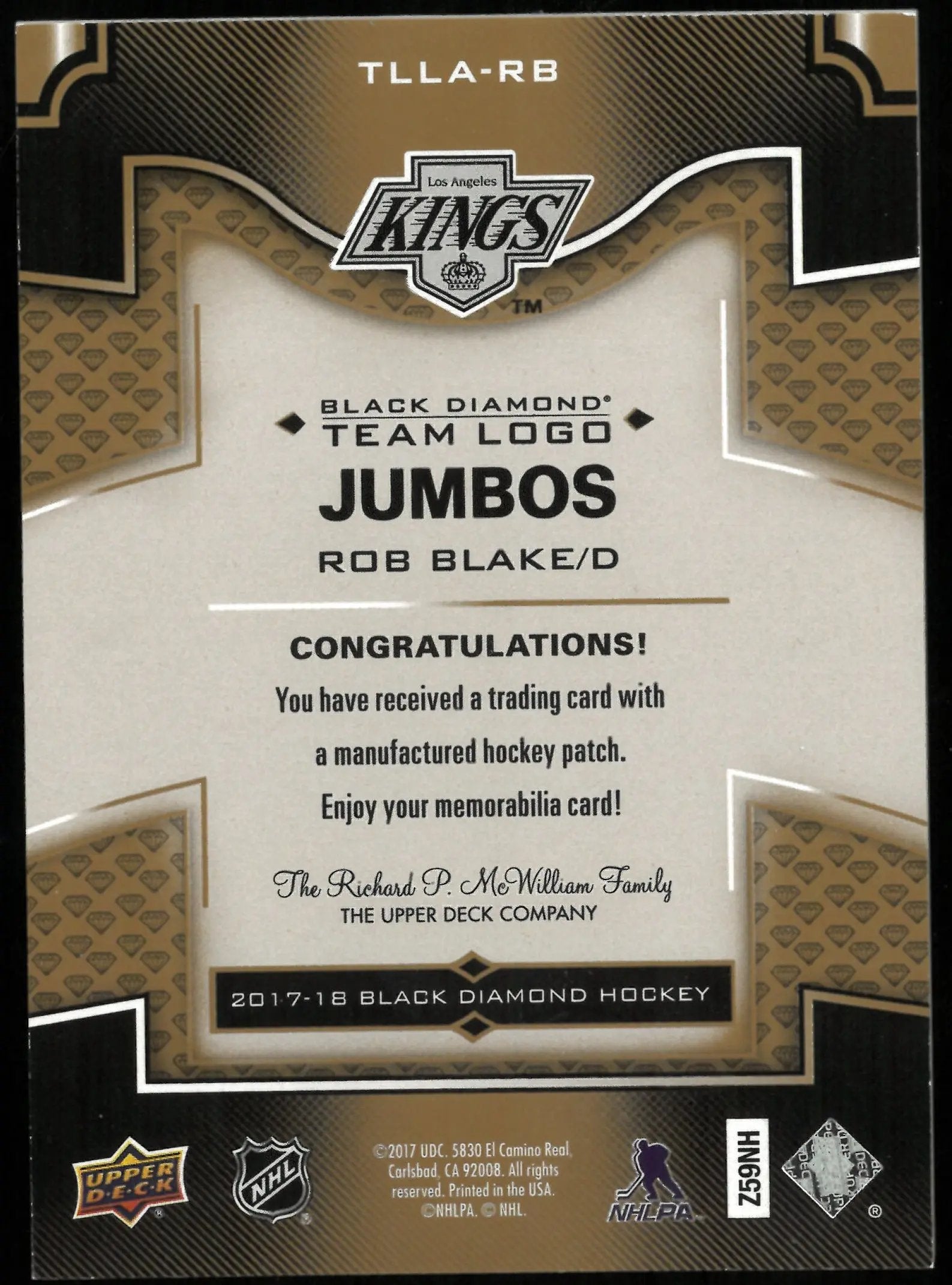 2017-18 UD Black Diamond Hockey Rob Blake Team Logo Jumbo Patch 5/5 