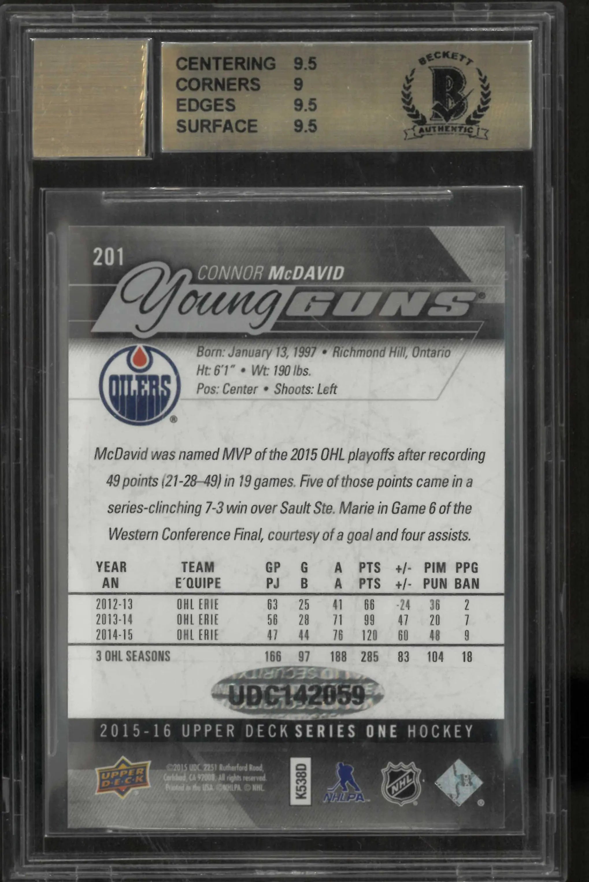 2017-18 UD Buybacks Connor McDavid Young Guns RC Auto Autographs BGS 9.5 /97 