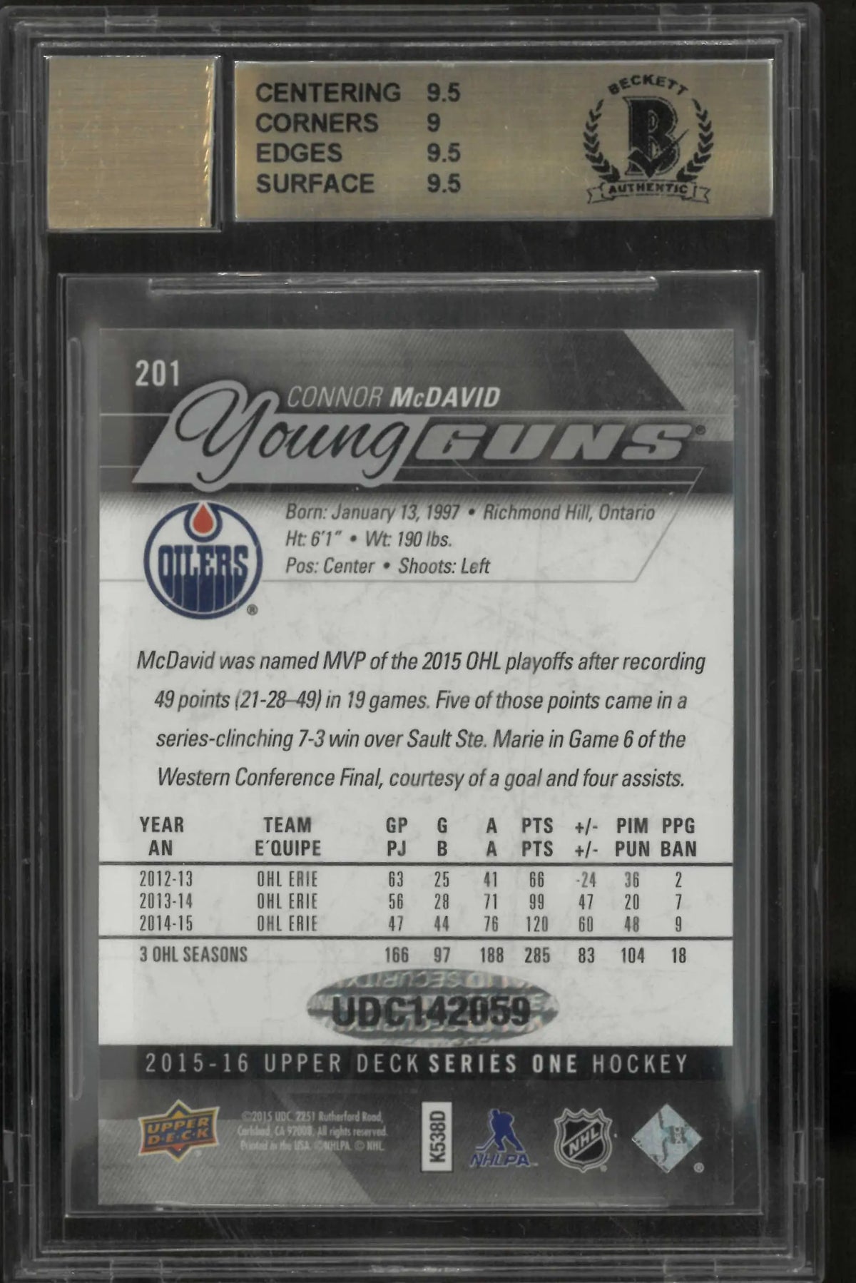 2017-18 UD Buybacks Connor McDavid Young Guns RC Auto Autographs BGS 9.5 /97 