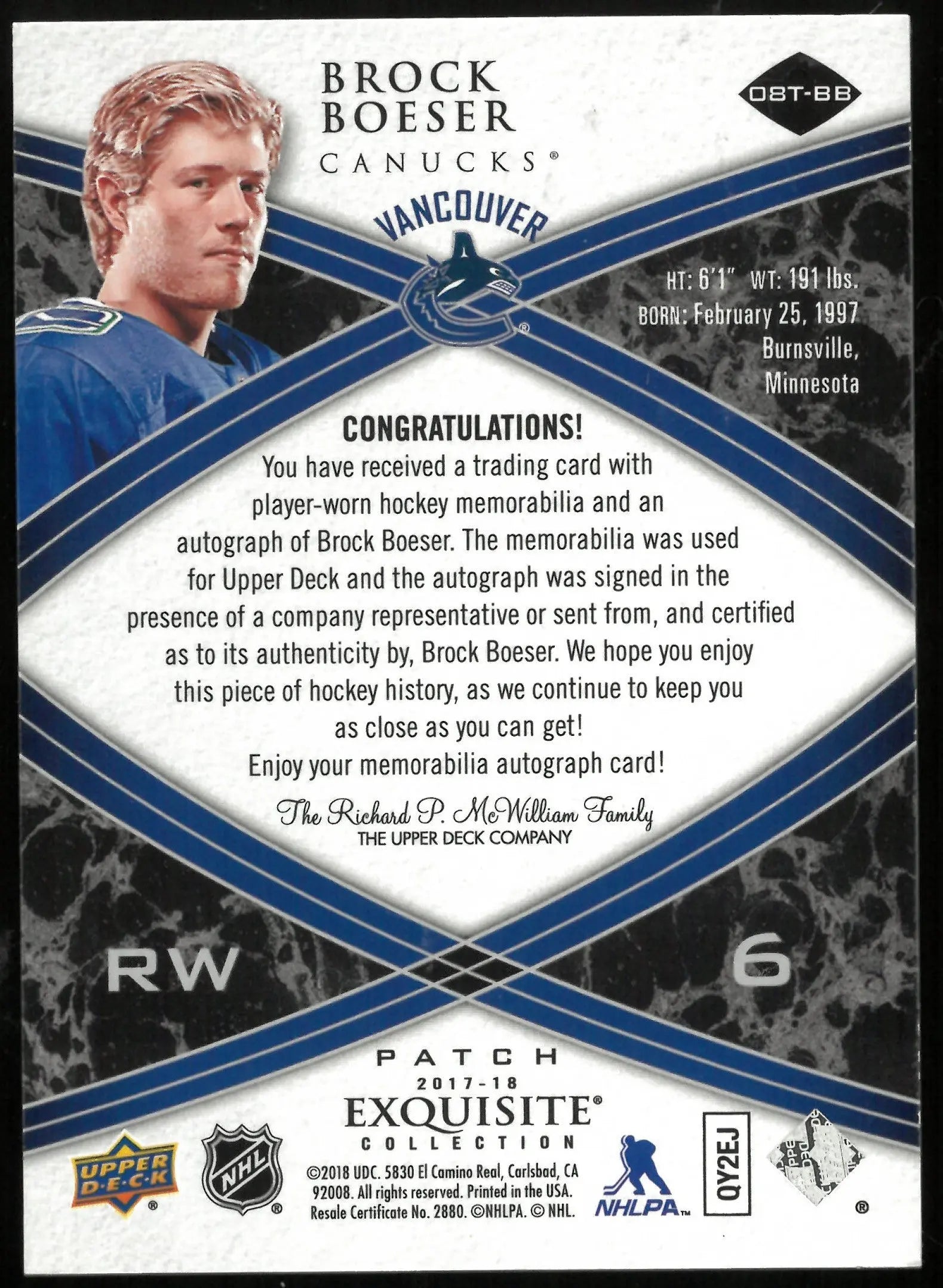 2017-18 UD Exquisite Col. Brock Boeser RC Rookie Patch Auto /25 