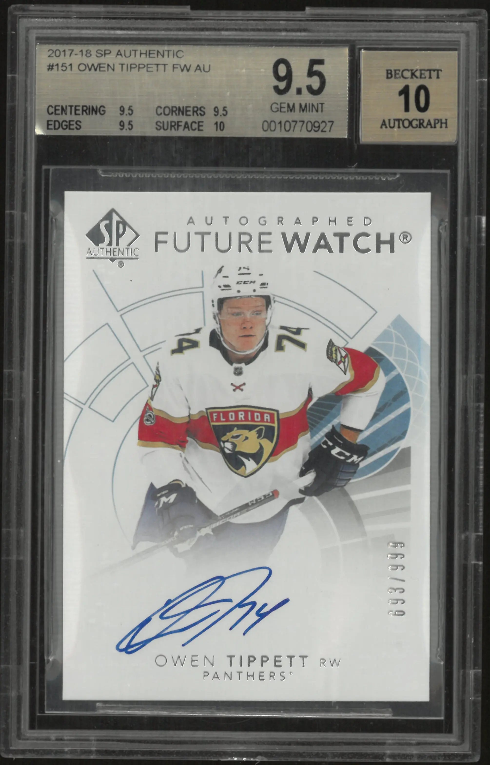 2017-18 UD SP Authentic Autograph Owen Tippet /999 BGS 9.5 Auto 10 