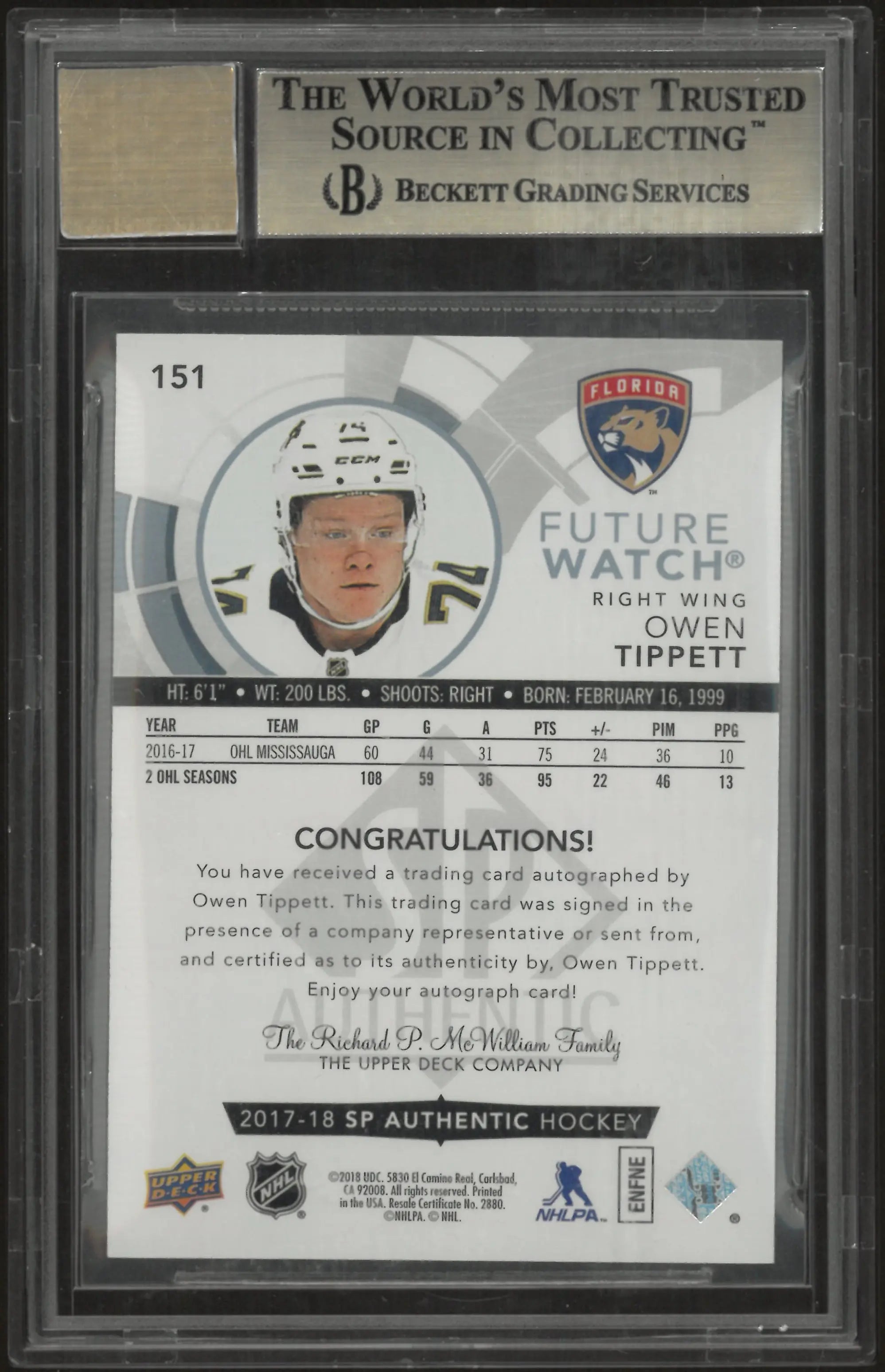 2017-18 UD SP Authentic Autograph Owen Tippet /999 BGS 9.5 Auto 10 