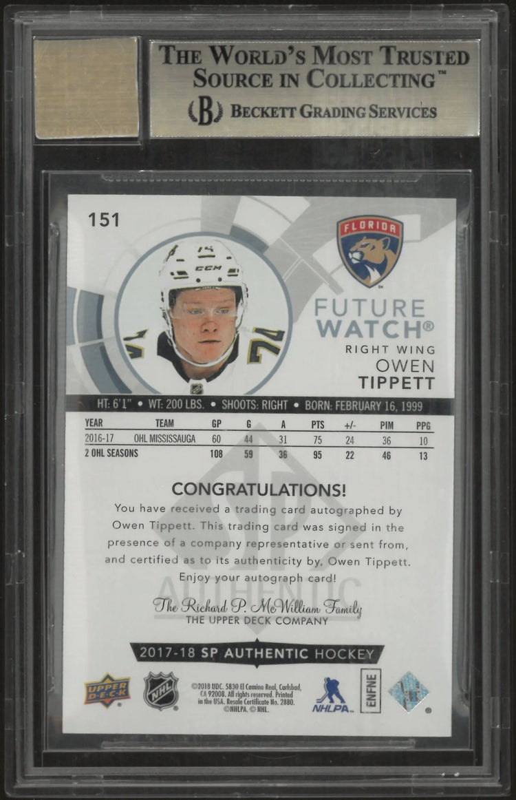 2017-18 UD SP Authentic Autograph Owen Tippet /999 BGS 9.5 Auto 10 