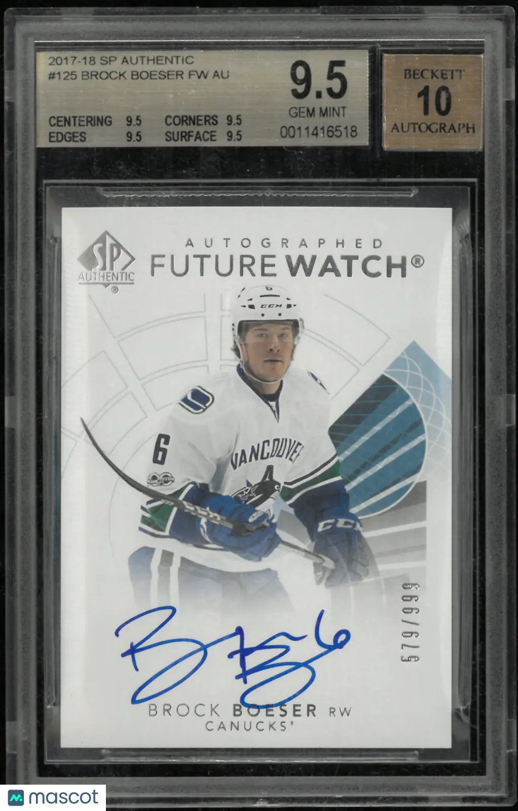2017-18 UD SP Authentic Future Watch Rookie Auto Brock Boeser BGS 9.5 Auto 10 