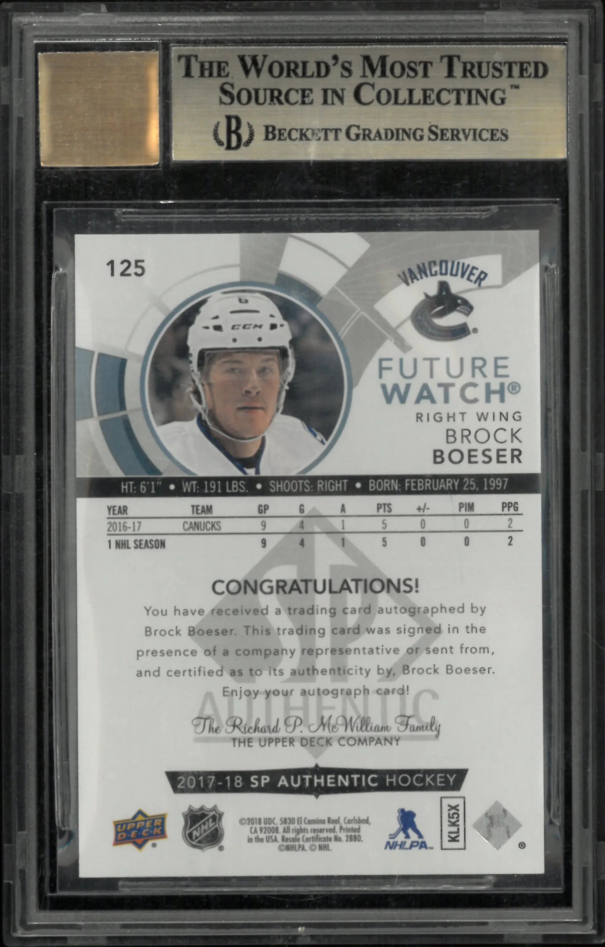 2017-18 UD SP Authentic Future Watch Rookie Auto Brock Boeser BGS 9.5 Auto 10 