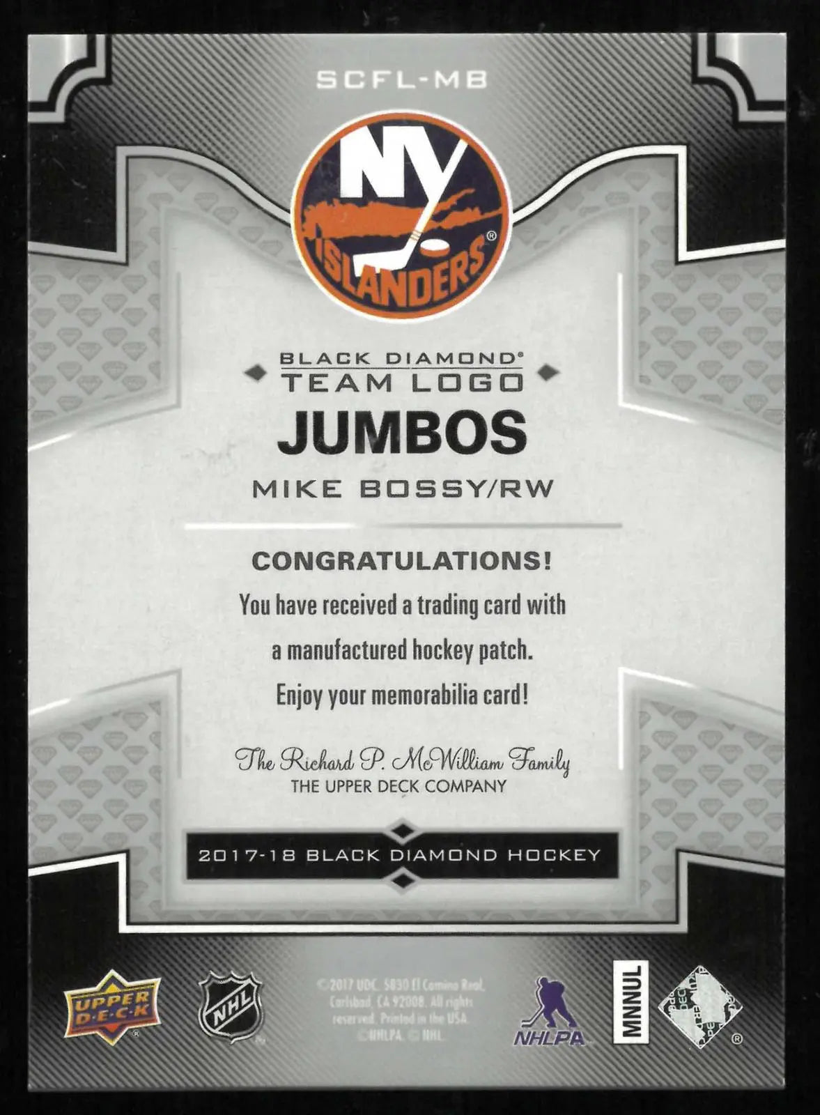 2017-18 Upper Deck Black Diamond Team Logo Jumbos Patch Mike Bossy 