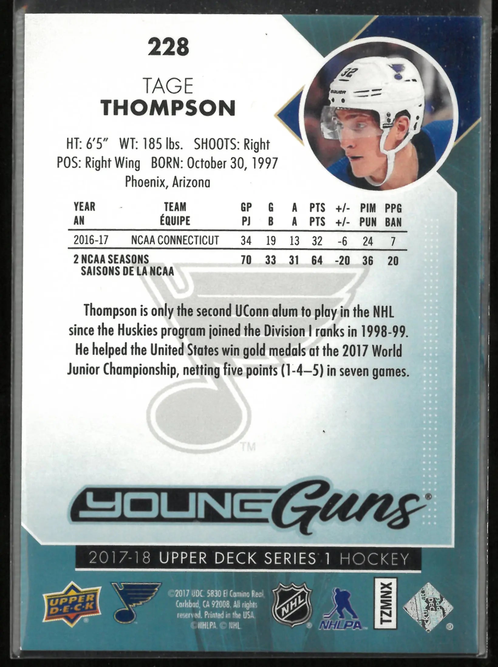 2017-18 Upper Deck Series 1 Hockey Young Guns Rookie Tage Thompson 