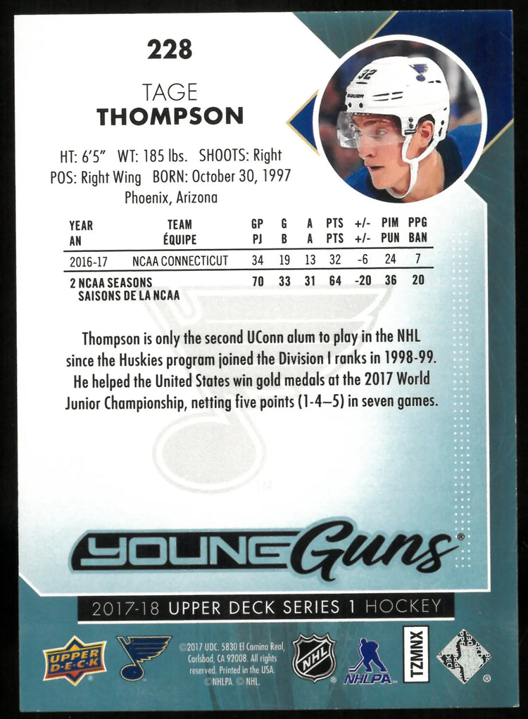 2017-18 Upper Deck Series 1 Young Guns Rookie Tage Thompson 