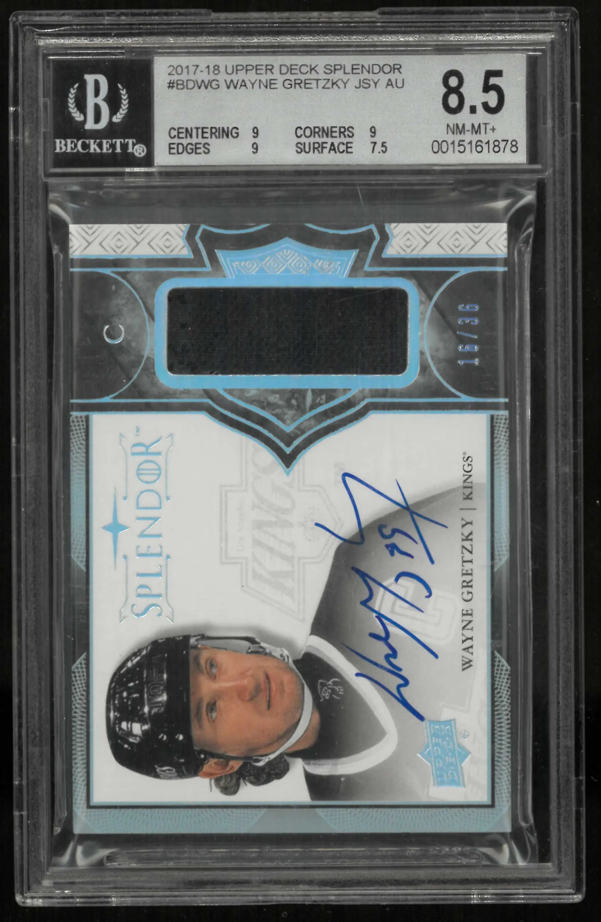 2017-18 Upper Deck Splendor Autograph Patch Wayne Gretzky Auto /36 BGS 8.5 