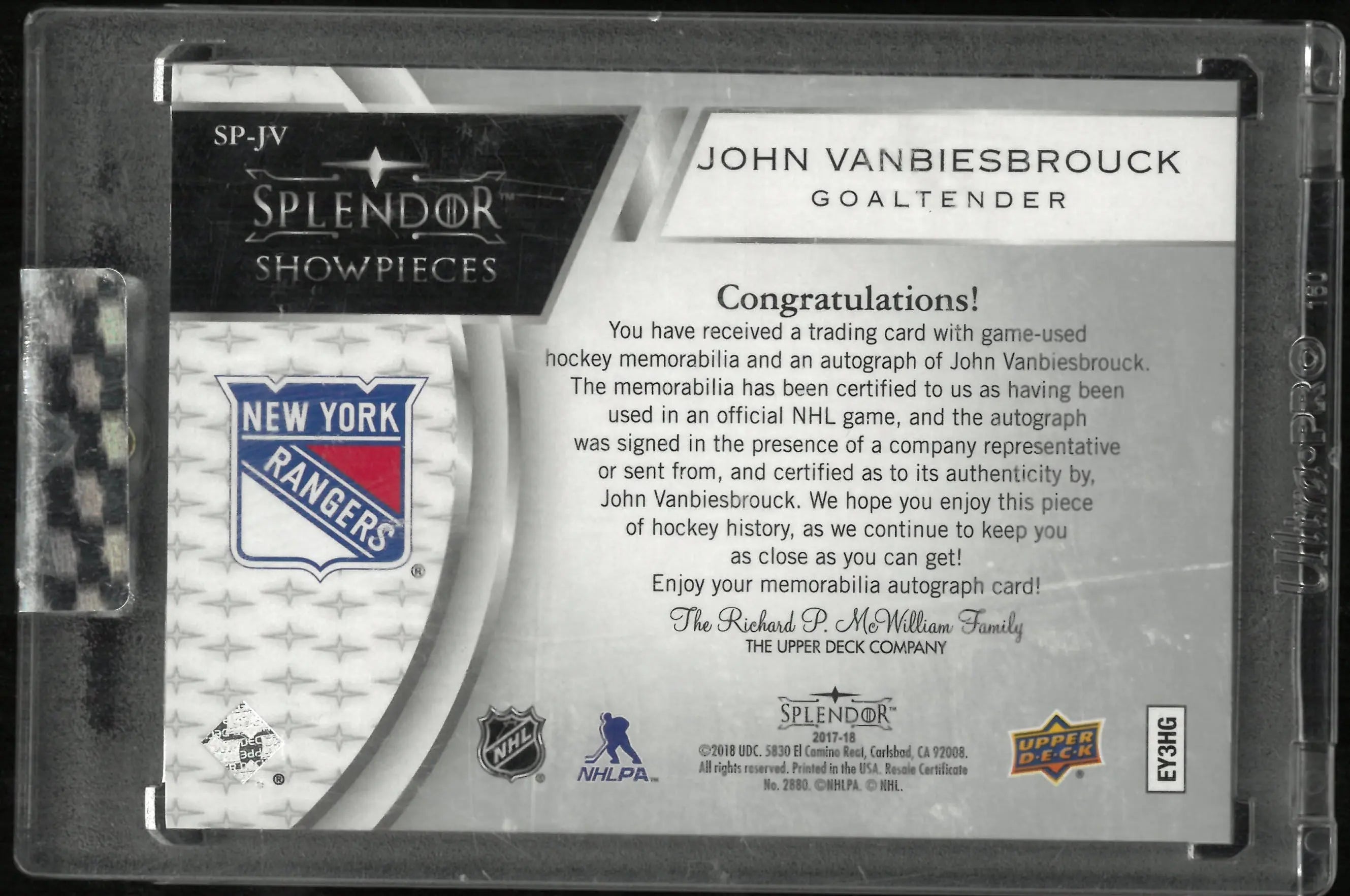 2017-18 Upper Deck Splendor Showpieces John Vanbiesbrouck Patch Auto /27 