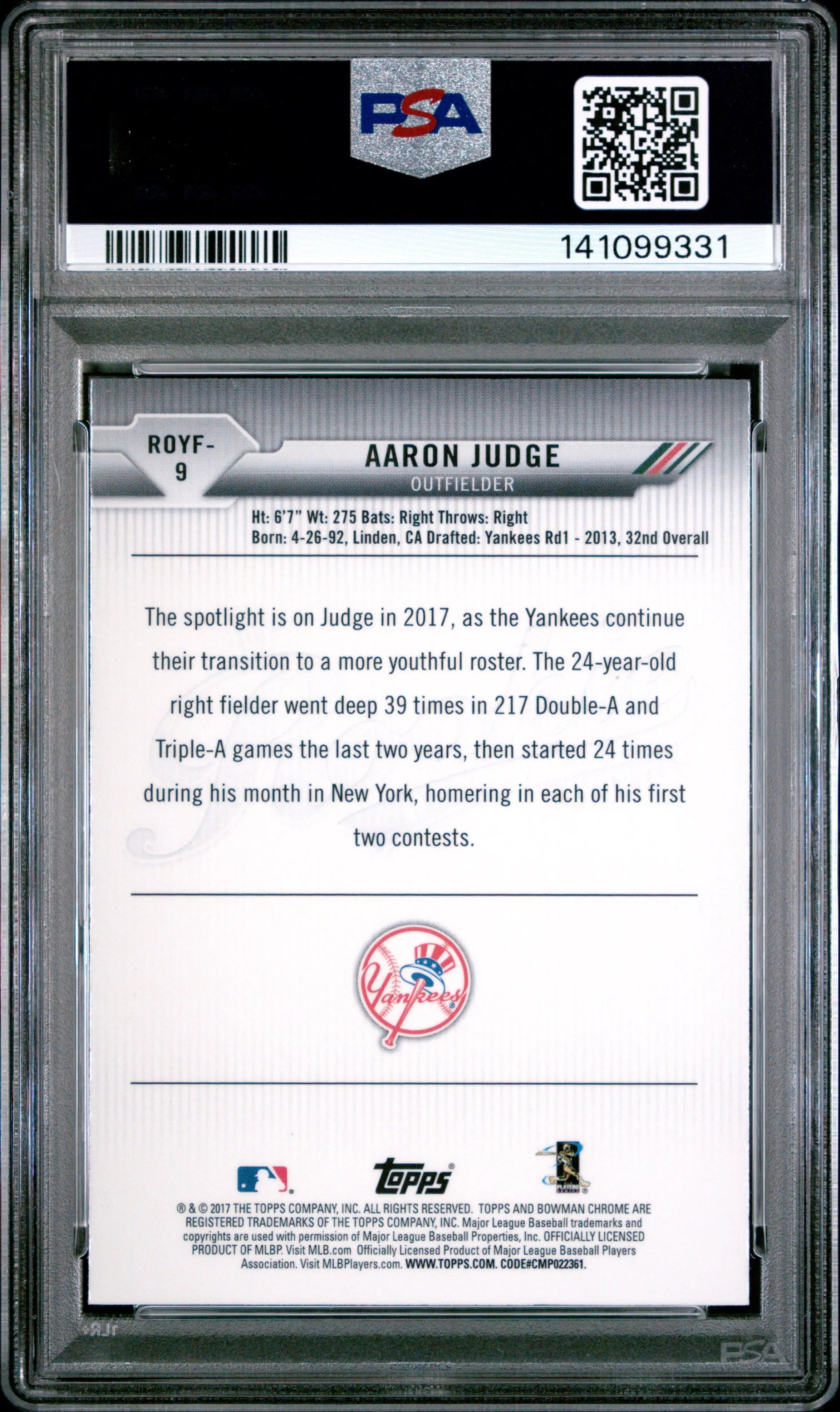 2017 Bowman Rookie Of The Year Roy Favorites Aaron Judge RC PSA 10 
