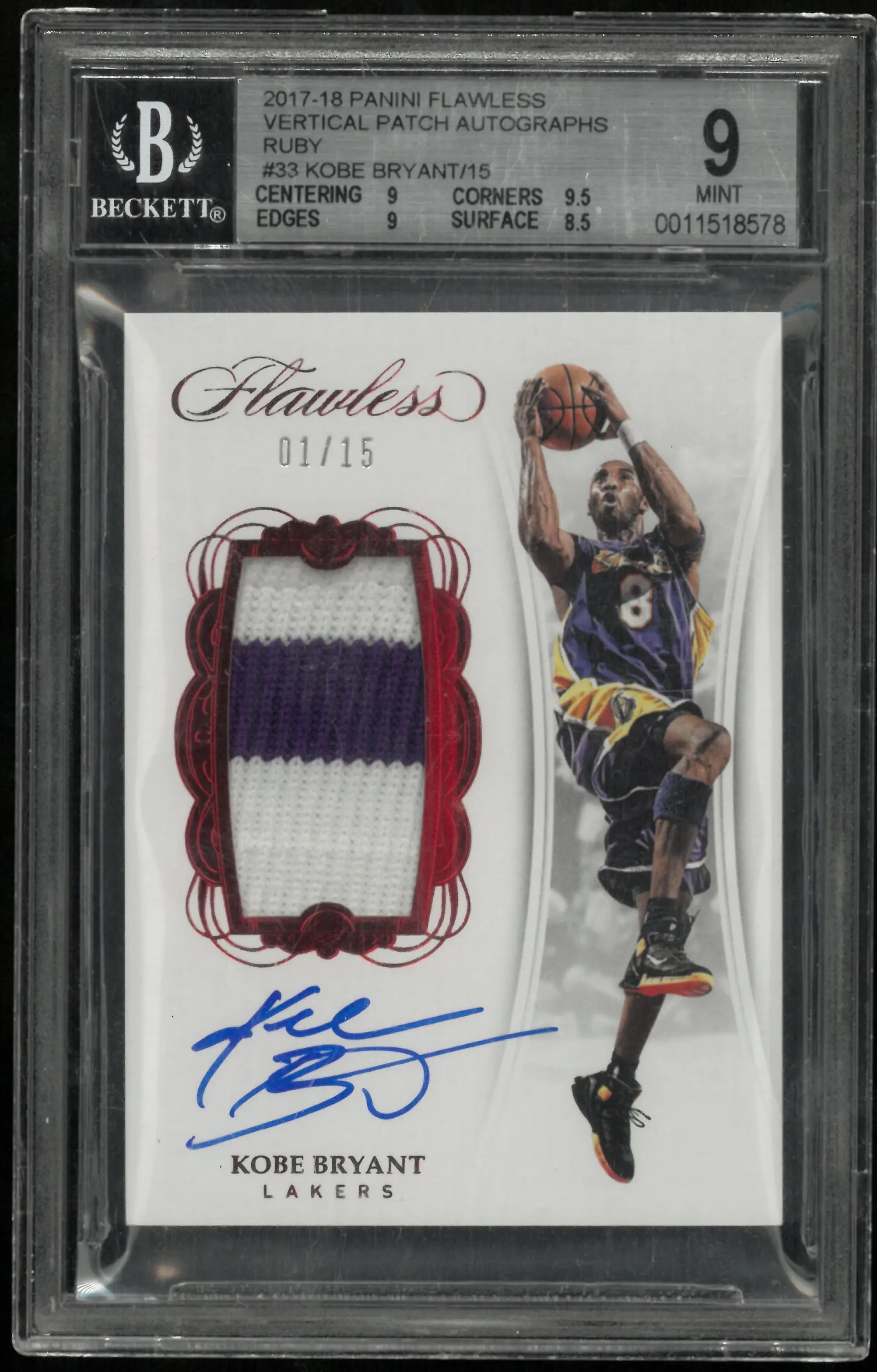 2017 Flawless Vertical Patch Autographs Auto Ruby Kobe Bryant /15 BGS 9 Auto 10 