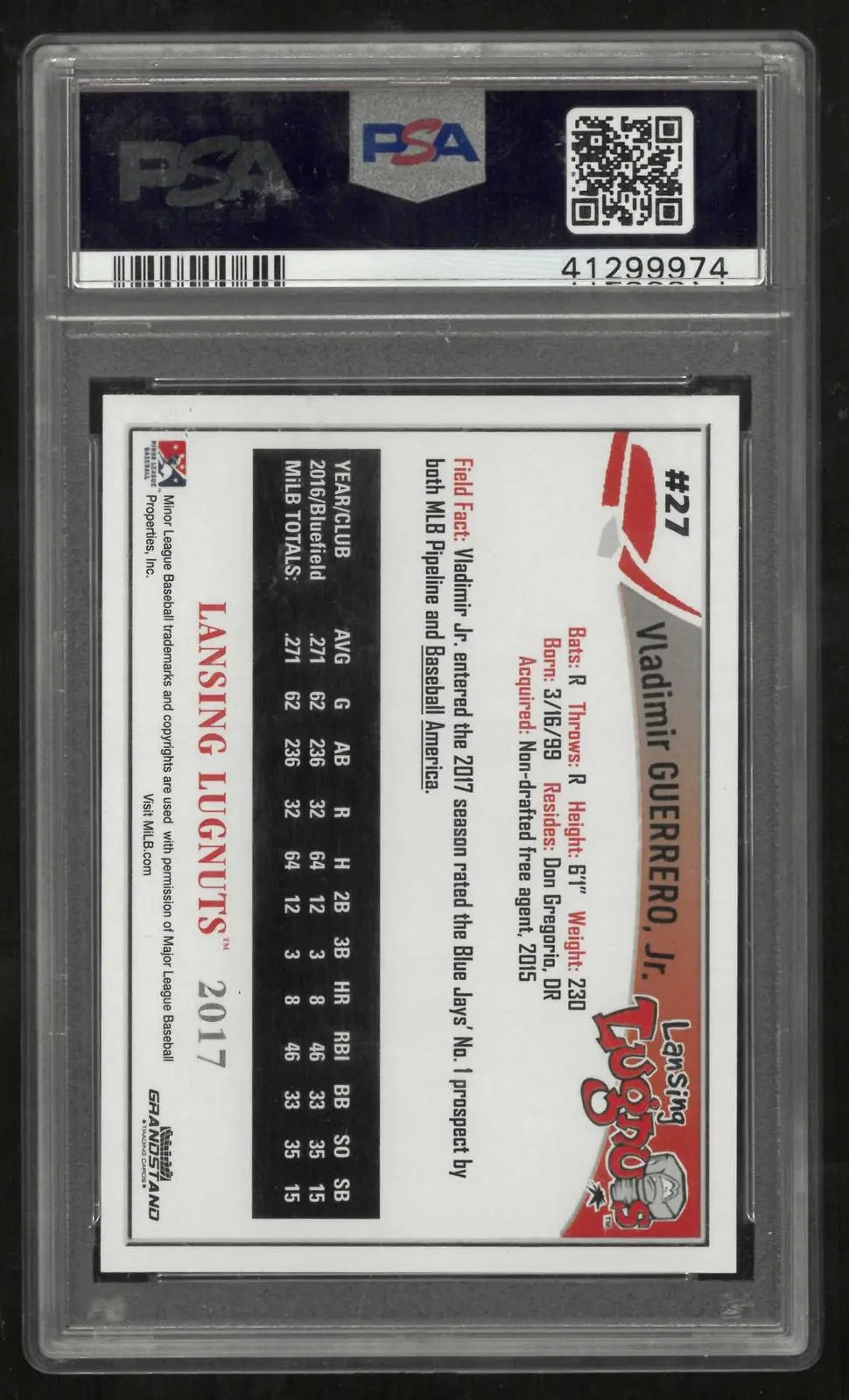 2017 Grandstand MiLB High-A Lansing Lugnuts Vladimir Guerrero Jr. PSA 10 