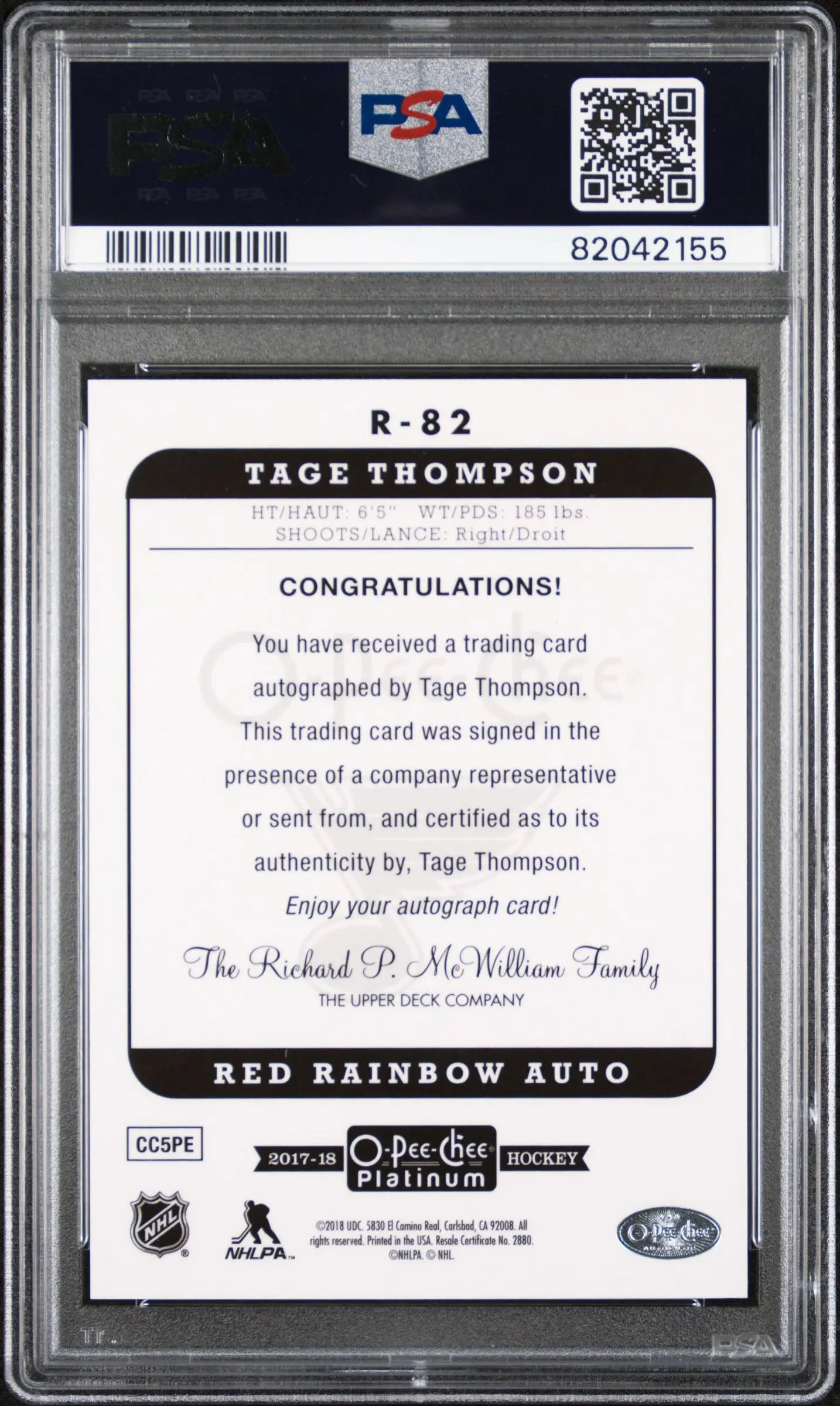 2017 O-Pee-Chee Platinum Retro Rainbow Red RC Rookie Tage Thompson Auto PSA 10 