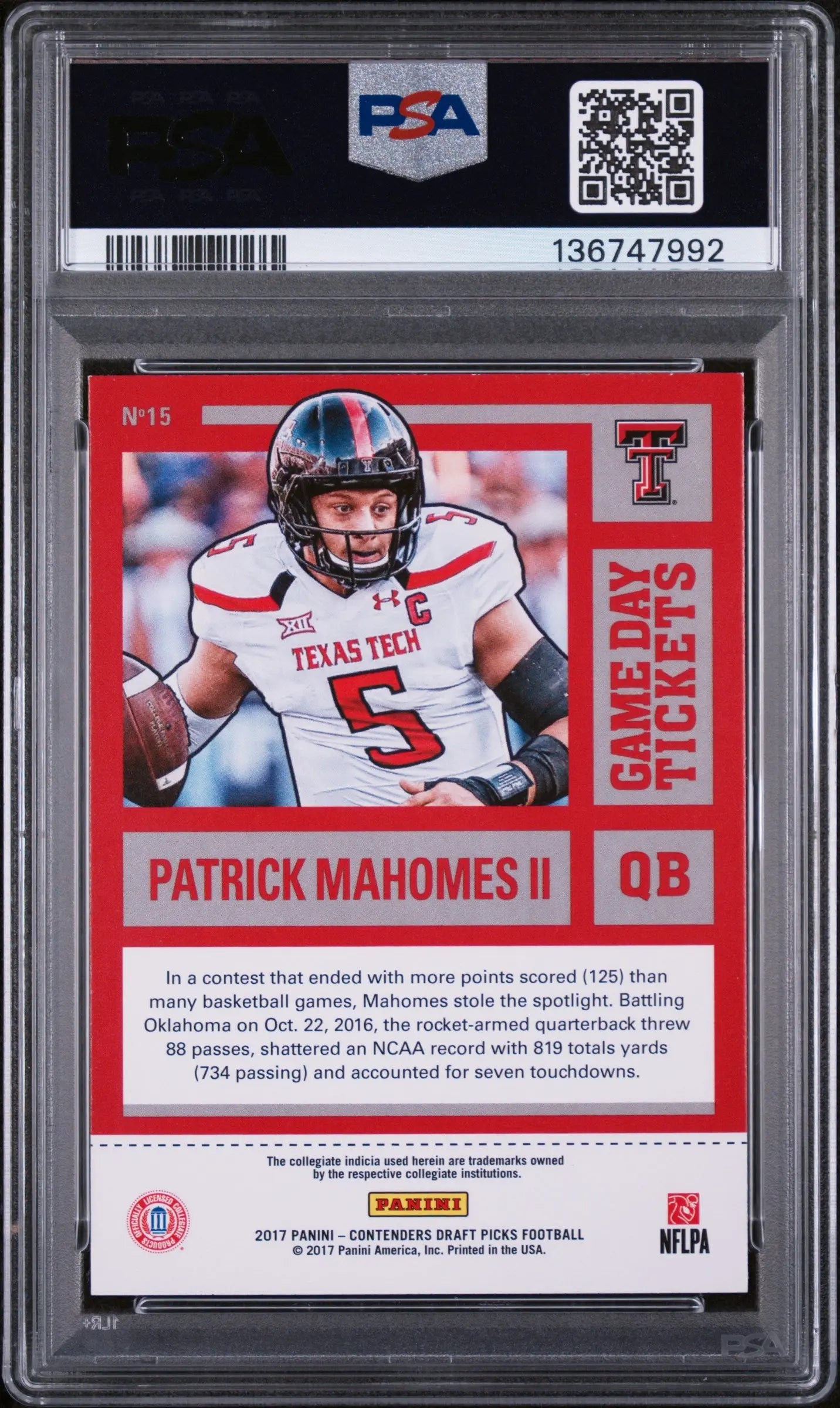 2017 Panini Contenders Draft Picks Game Day Tickets Patrick Mahomes II #15 PSA 8 