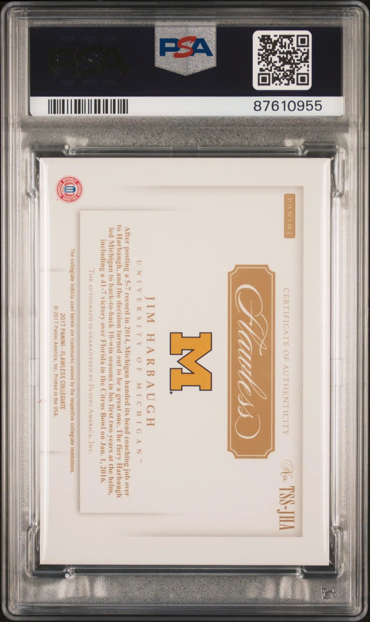 2017 Panini Flawless Collegiate Team Slogan Signatures Jim Harbaugh Auto/25 PSA9 