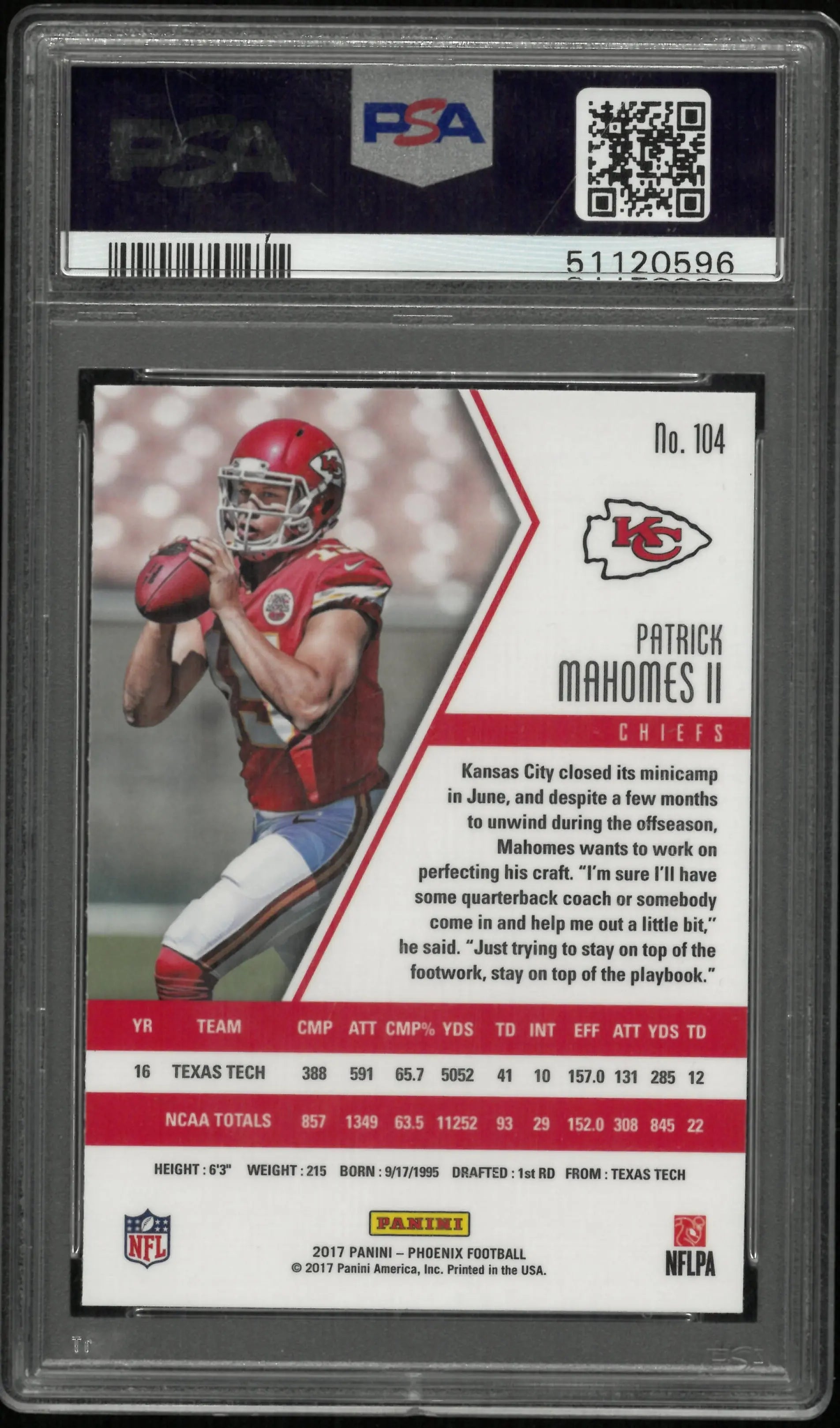 2017 Panini Phoenix Football Patrick Mahomes II RC Rookie #104 PSA 9 