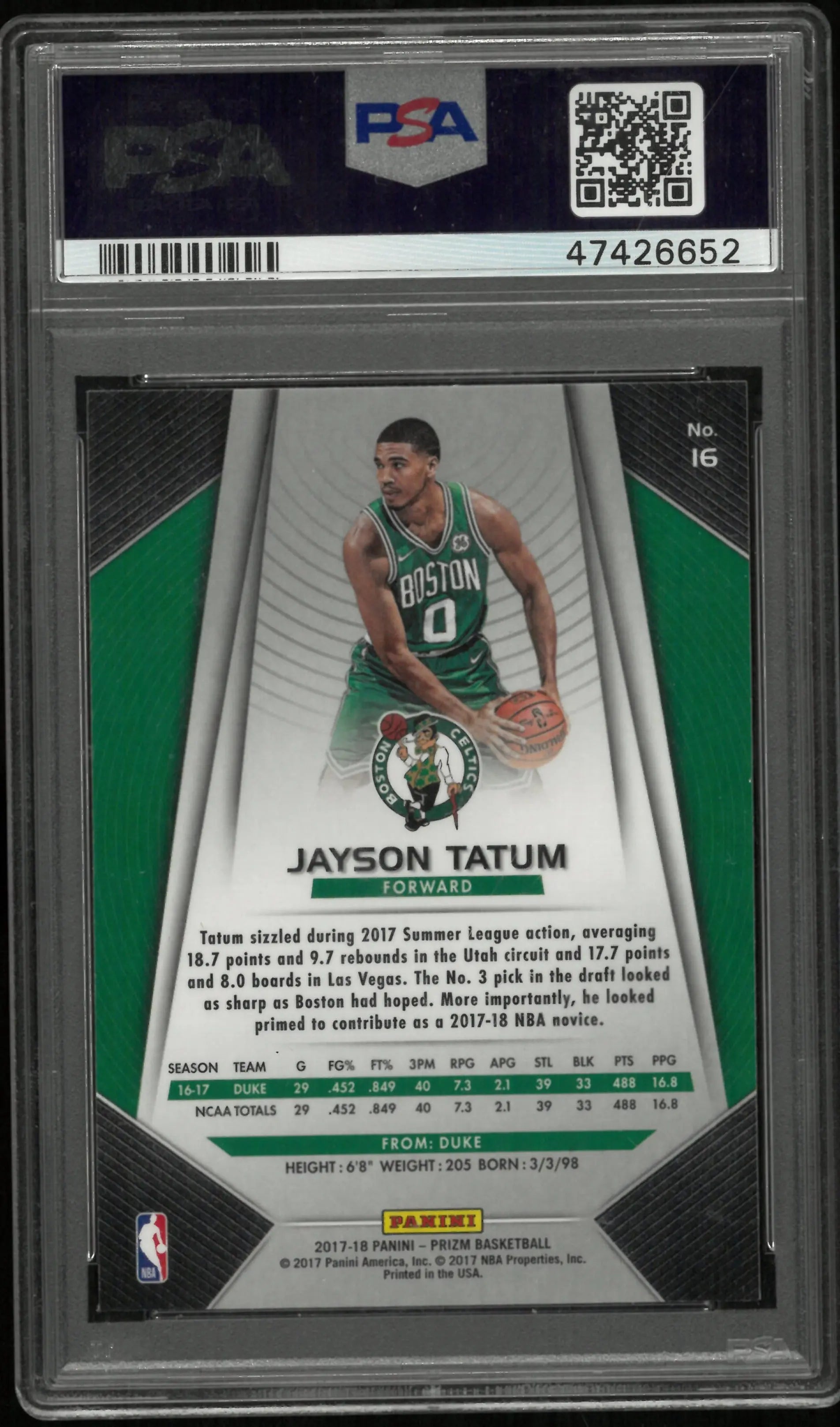 2017 Panini Prizm Basketball Jayson Tatum RC Rookie #16 PSA 10 