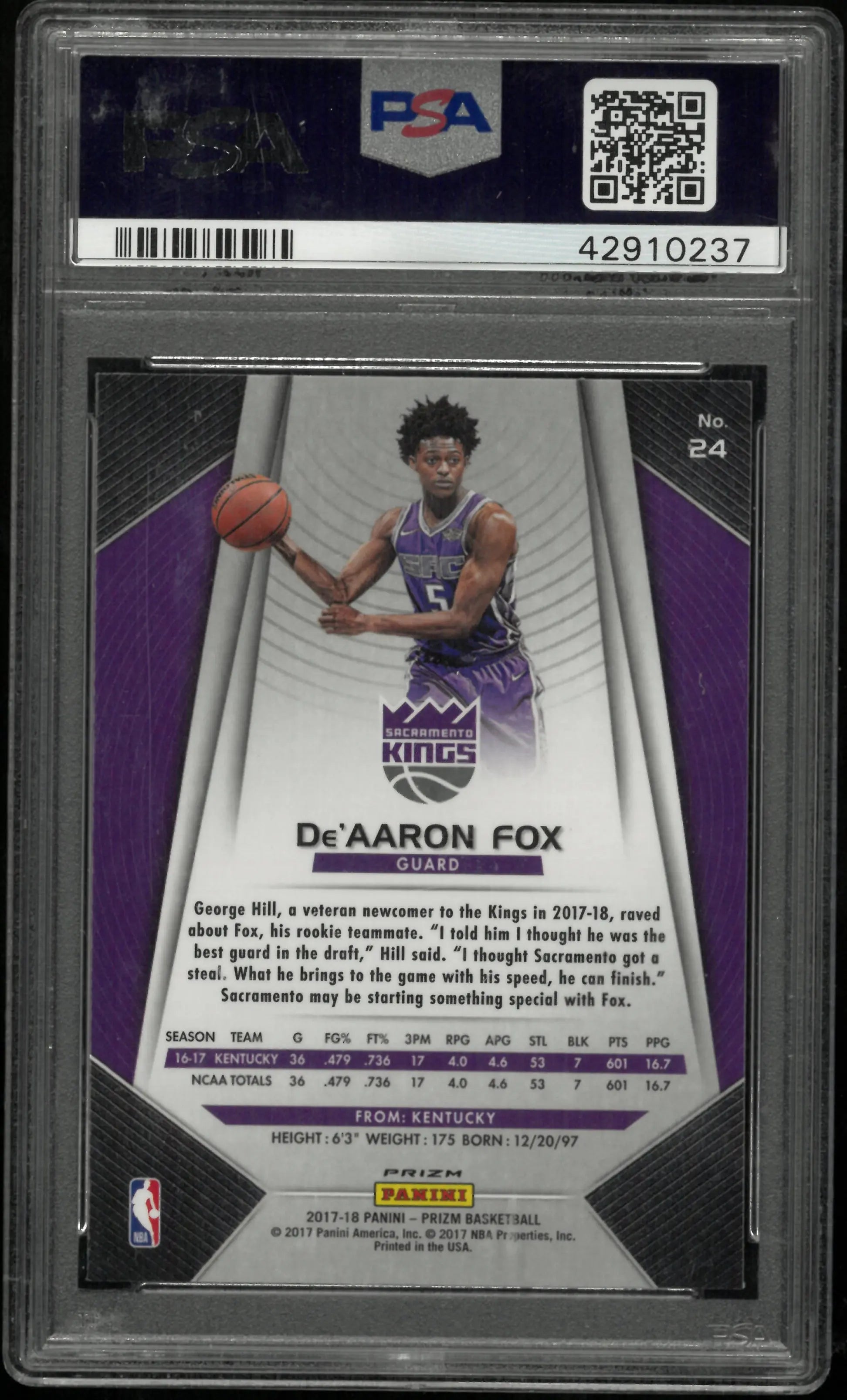 2017 Panini Prizm De'aaron Fox RC Rookie Silver Prizm PSA 10 