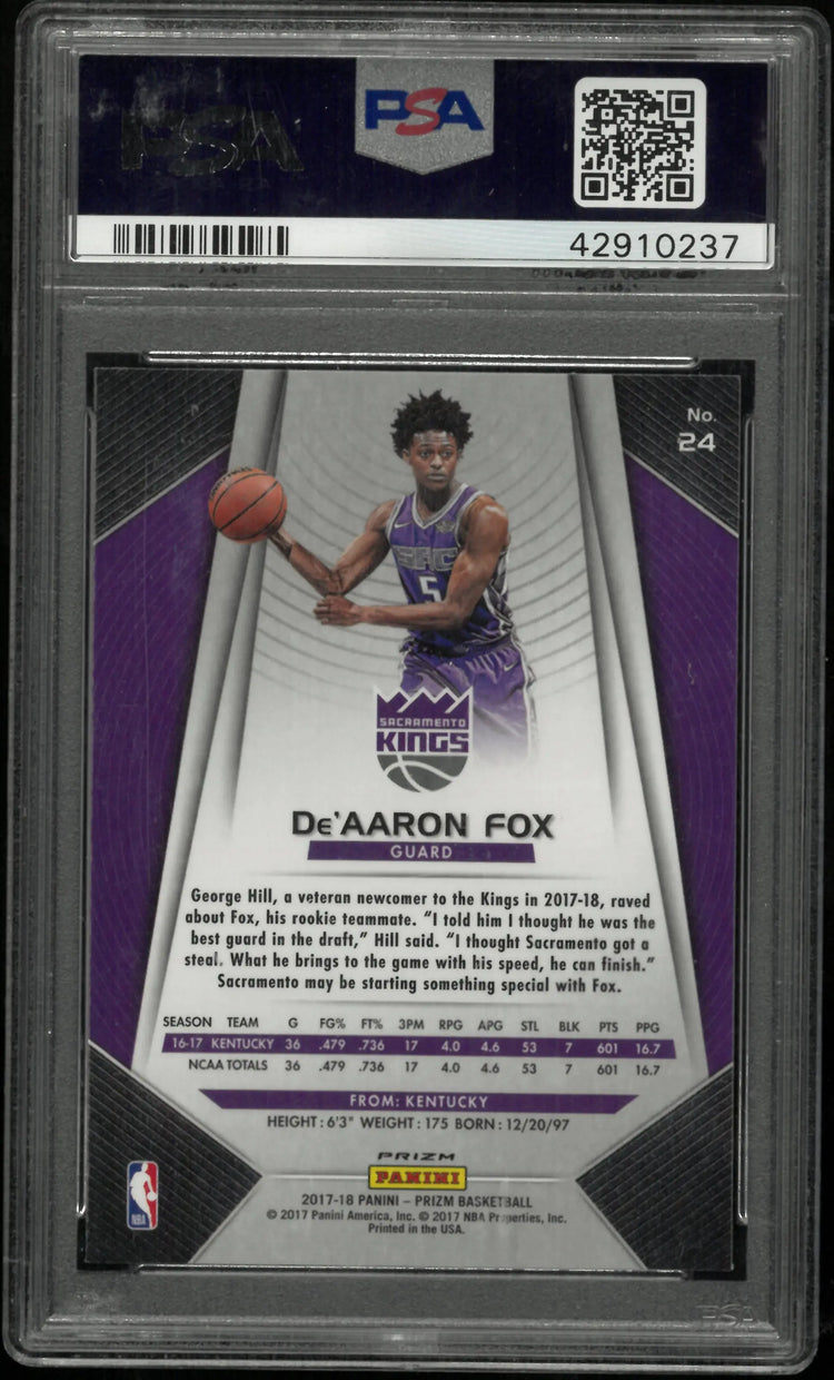 2017 Panini Prizm De'aaron Fox RC Rookie Silver Prizm PSA 10 