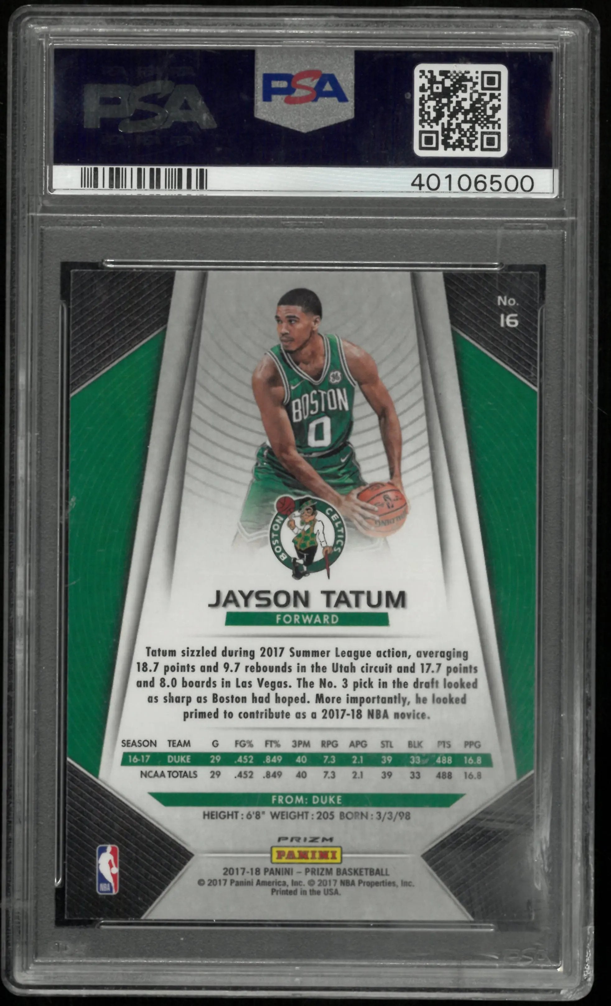 2017 Panini Prizm Jayson Tatum RC Rookie Green PSA 10 Celtics 