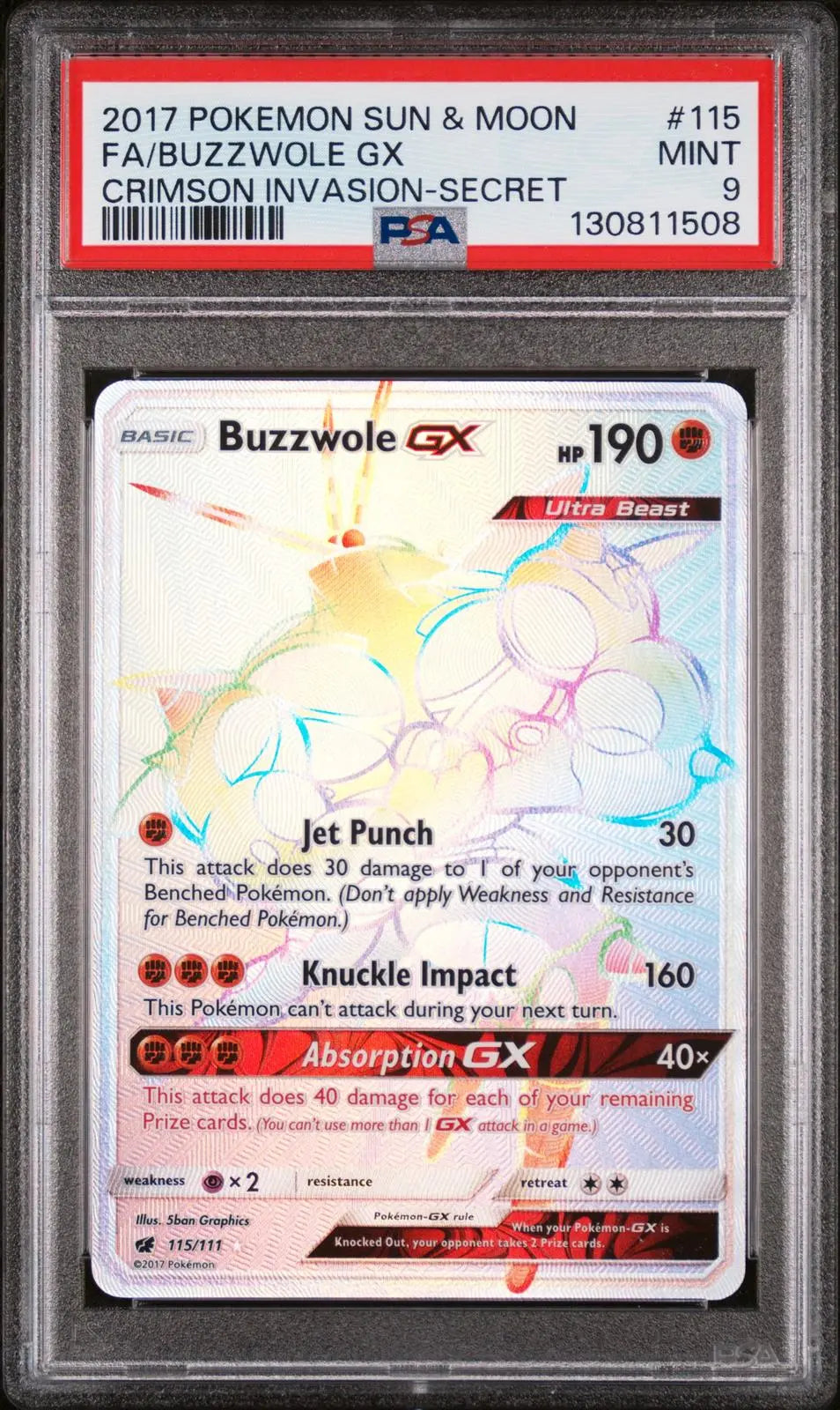 2017 Pokemon Sun & Moon Crimson Invasion Buzzwole Gx Secret 115/111 PSA 9 