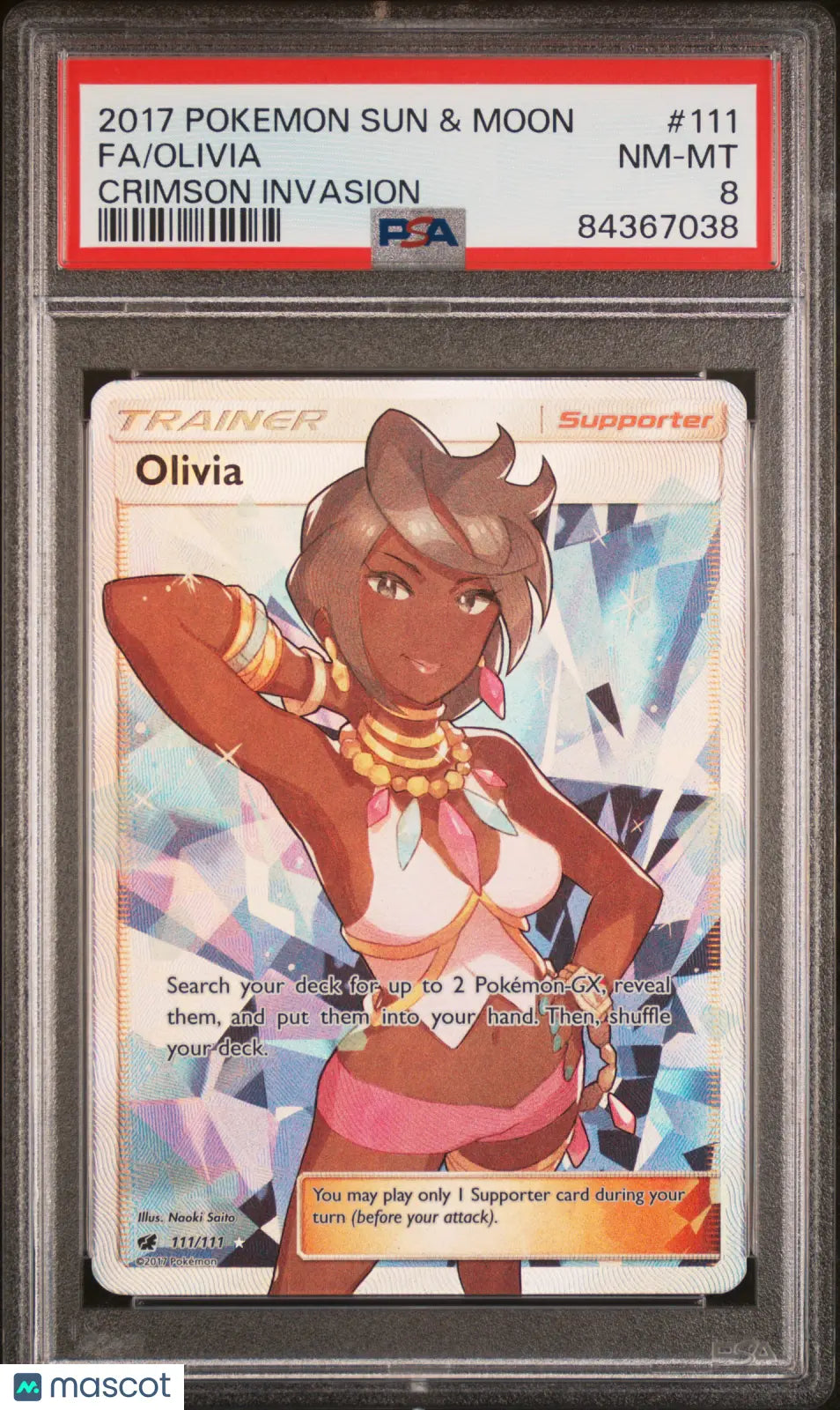 2017 Pokemon Sun & Moon Olivia 111/111 Crimson Invasion PSA 8 Trainer 