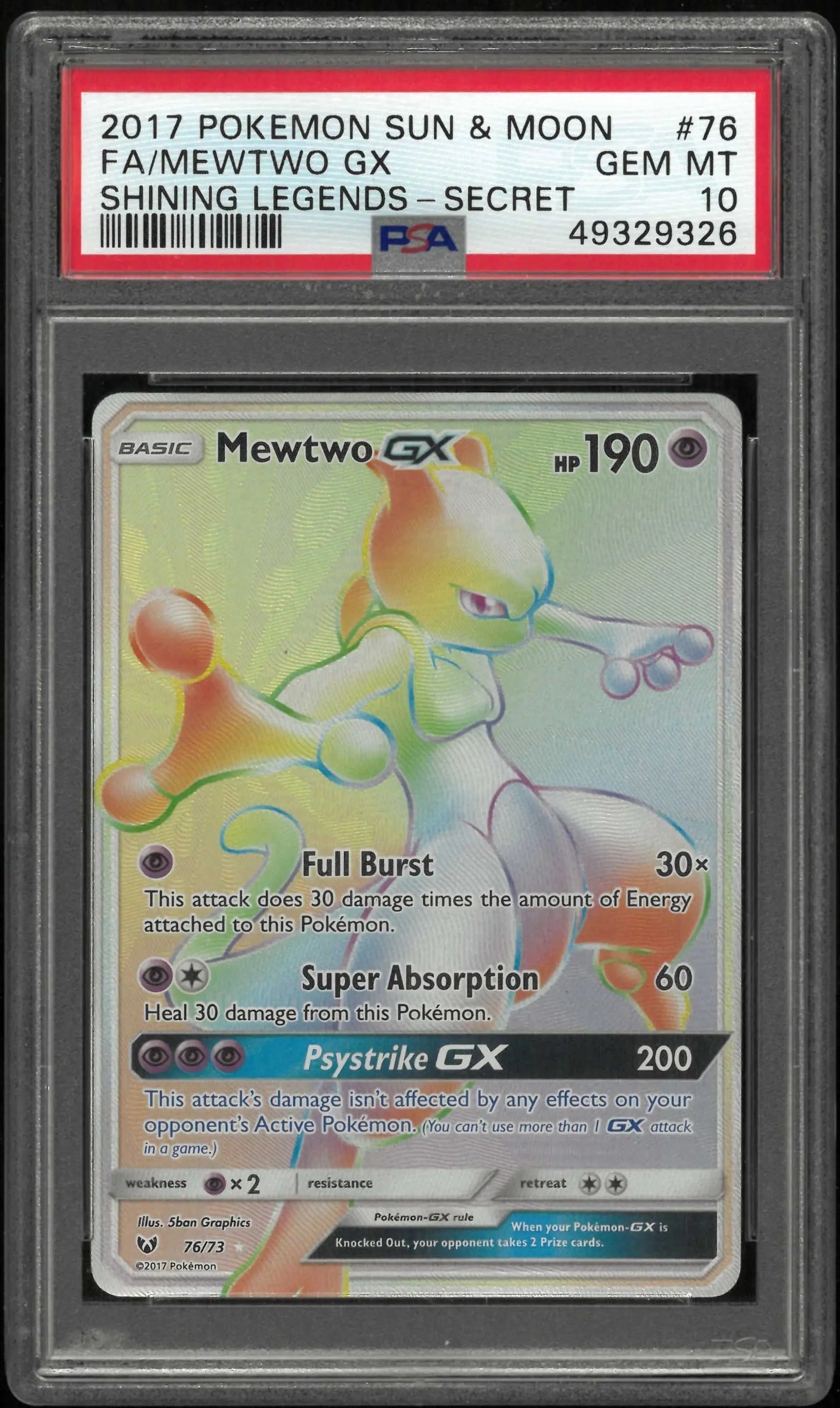 2017 Pokemon Sun & Moon Shining Legends 76/73 Mewtwo Gx Secret PSA 10 