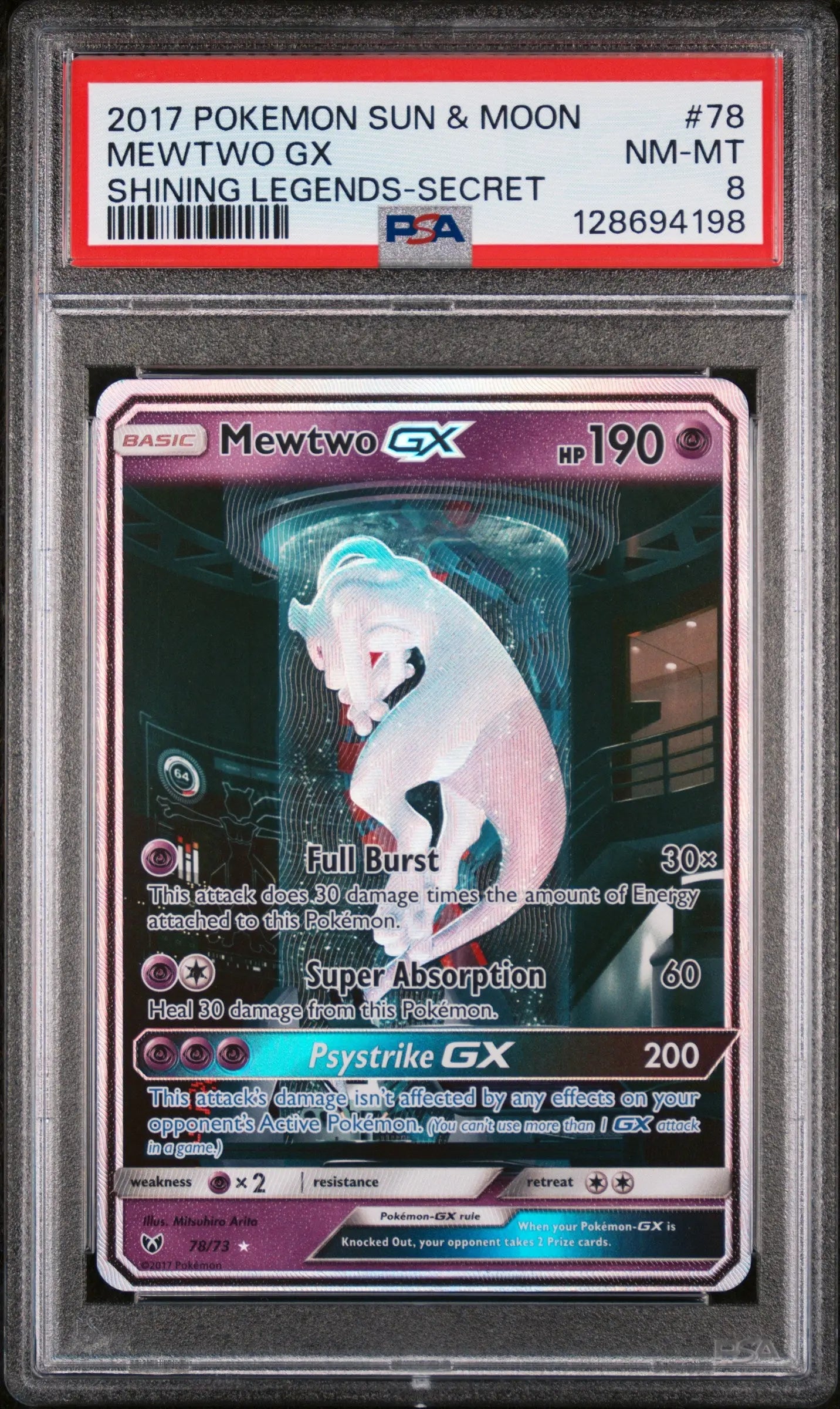 2017 Pokemon Sun & Moon Shining Legends Mewtwo GX Secret 78/73 PSA 8 