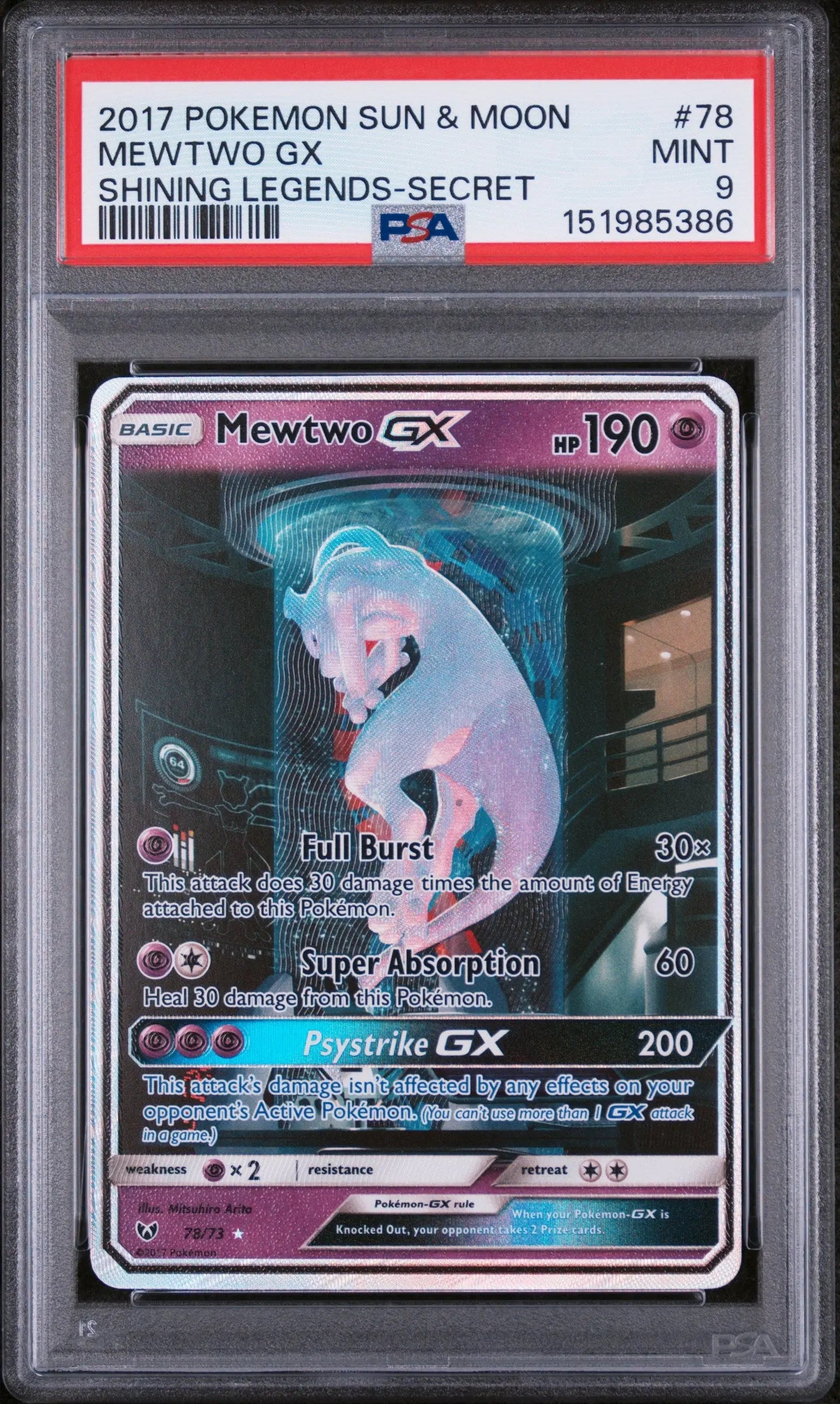 2017 Pokemon Sun & Moon Shining Legends Mewtwo GX Shining Legends-Secret PSA 9 #78 