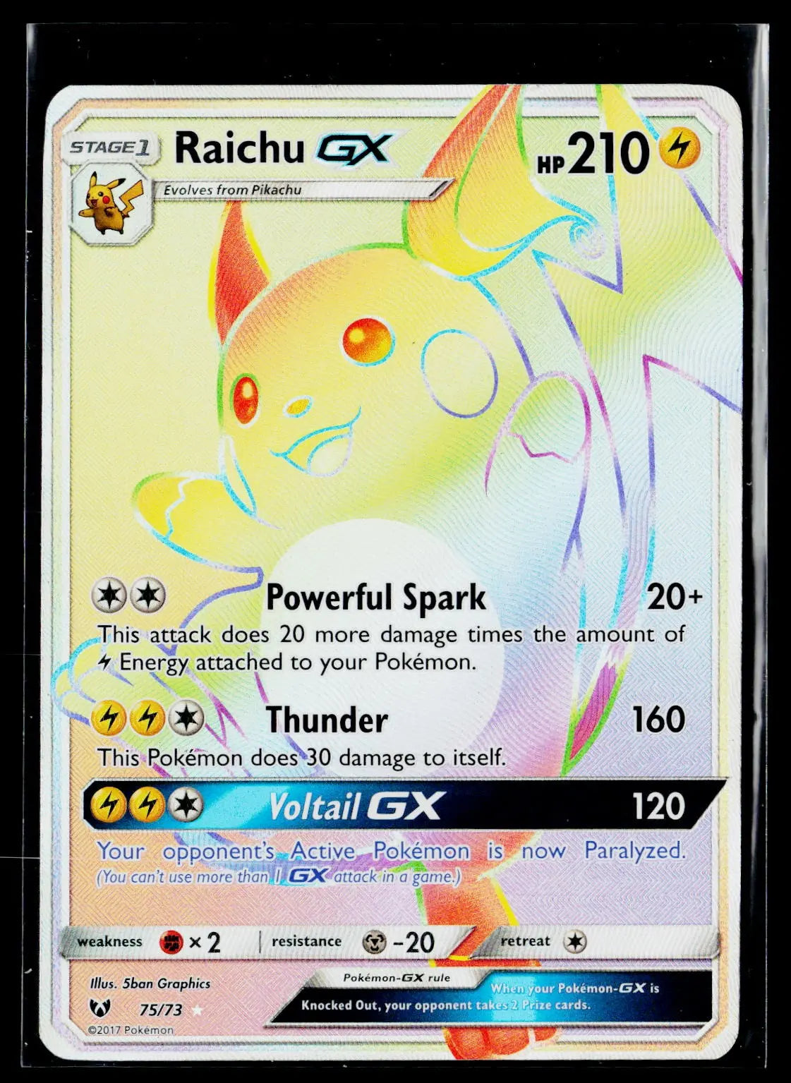 2017 Pokemon Sun & Moon Shining Legends Raichu GX Rainbow Secret Rare 75/73 LP 