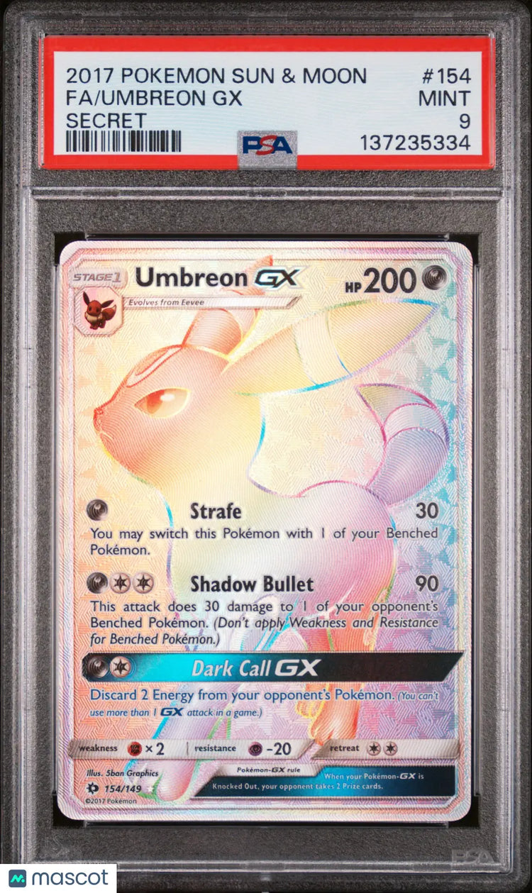 2017 Pokemon Sun & Moon Umbreon GX Fa Secret PSA 9 154/149 