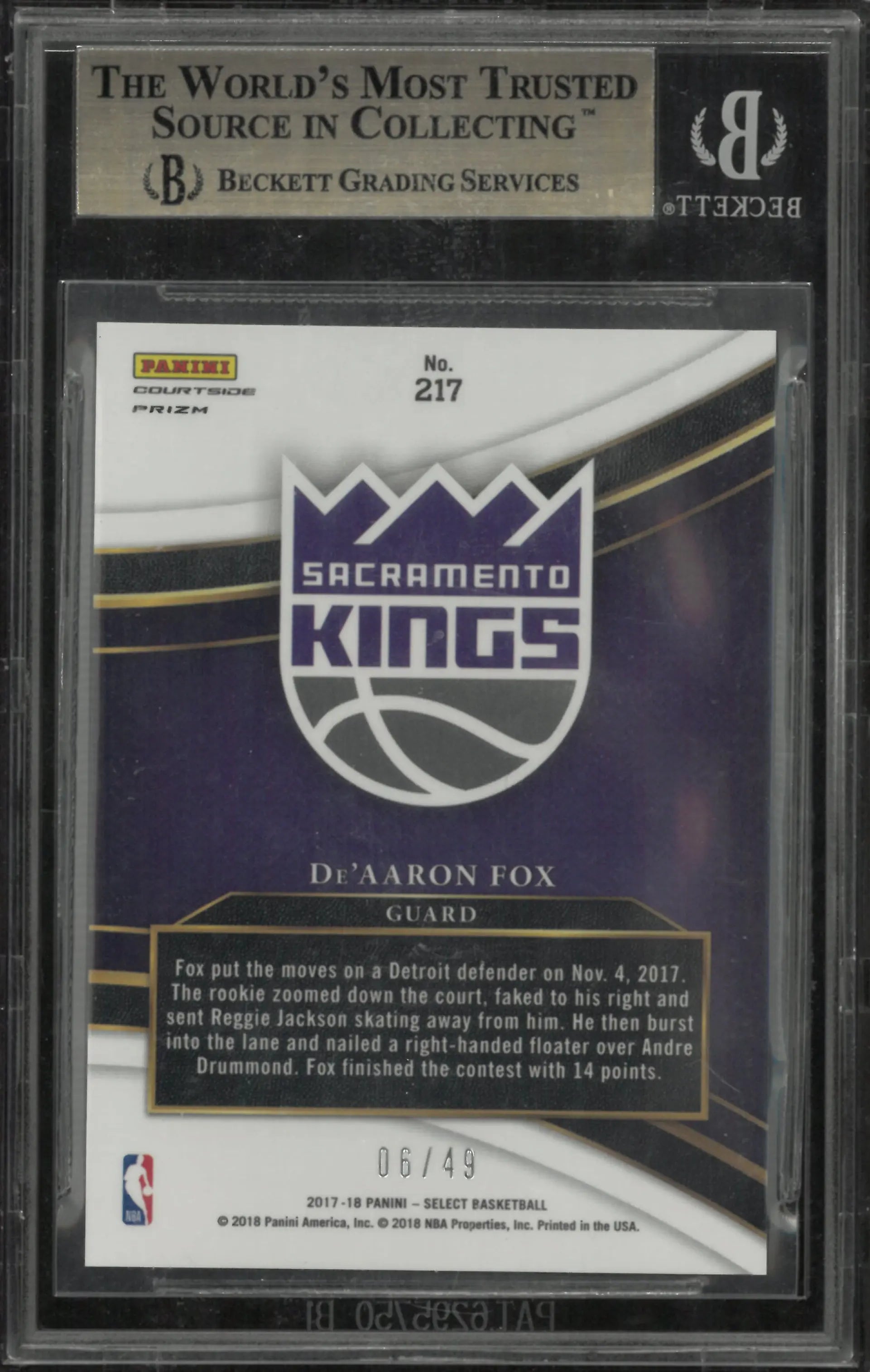 2017 Select Prizms Copper De'Aaron Fox #217 BGS 9.5 