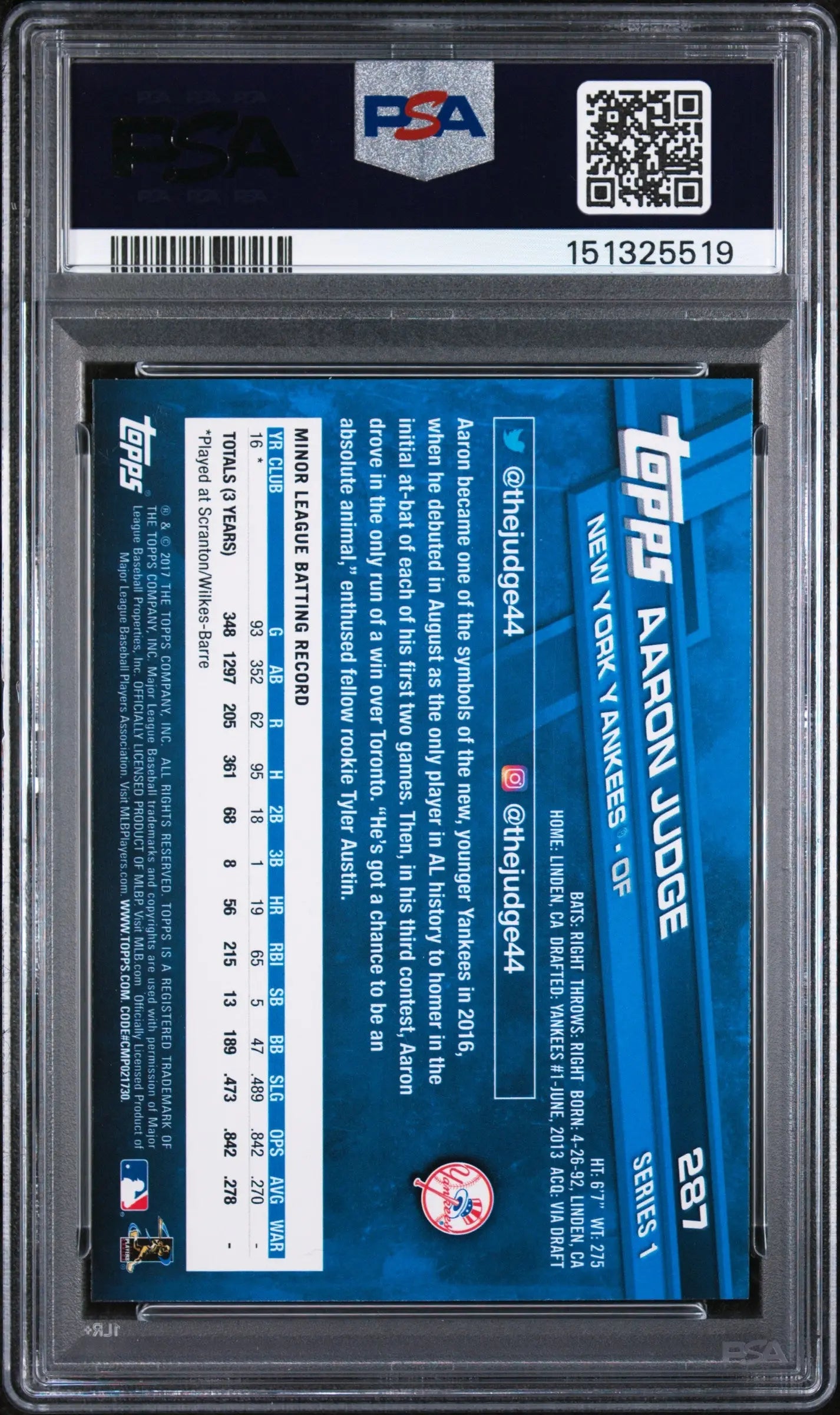 2017 Topps Baseball Rookie Aaron Judge RC PSA 9 