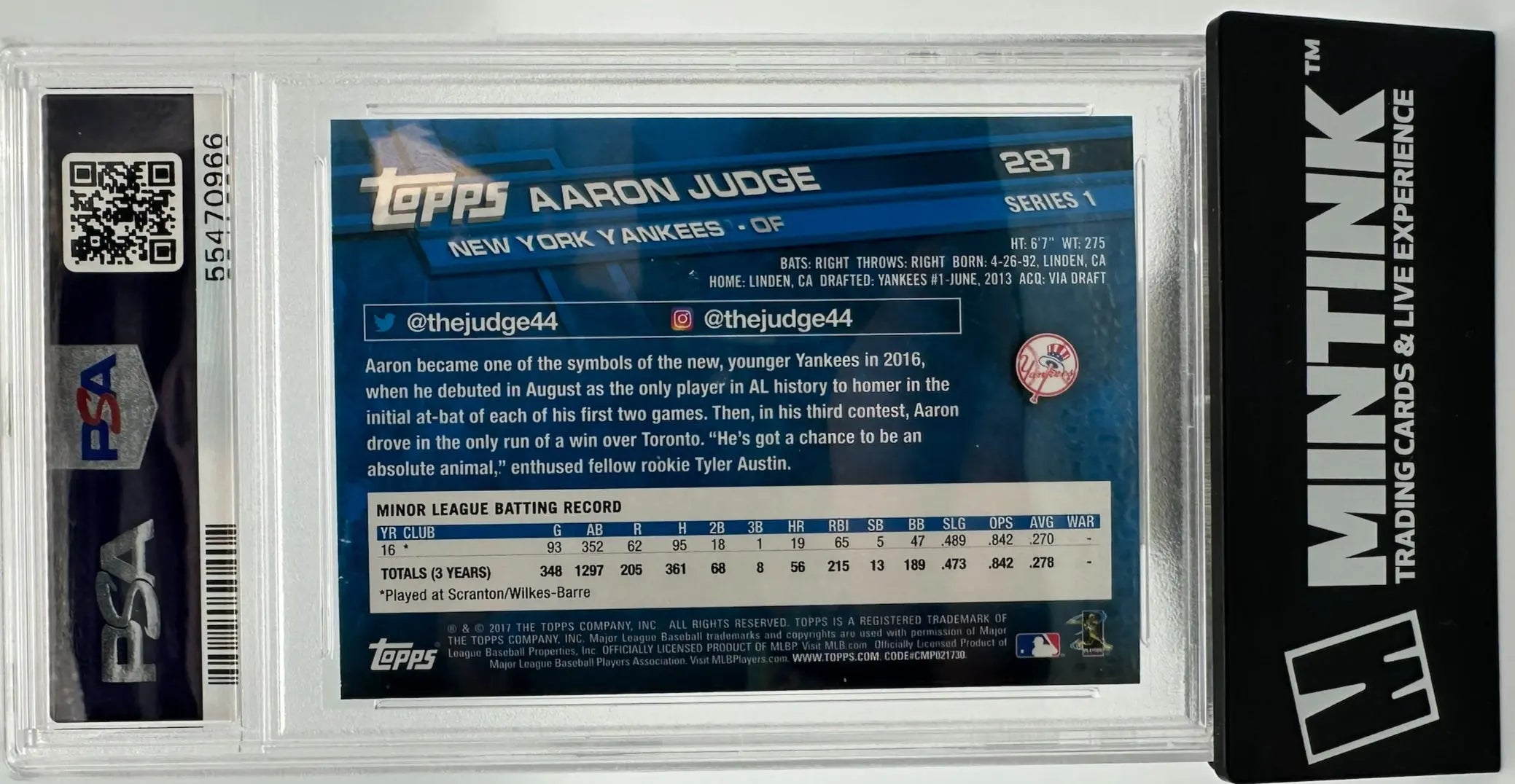 2017 Topps Baseball Rookie Aaron Judge RC PSA 9 Catching 