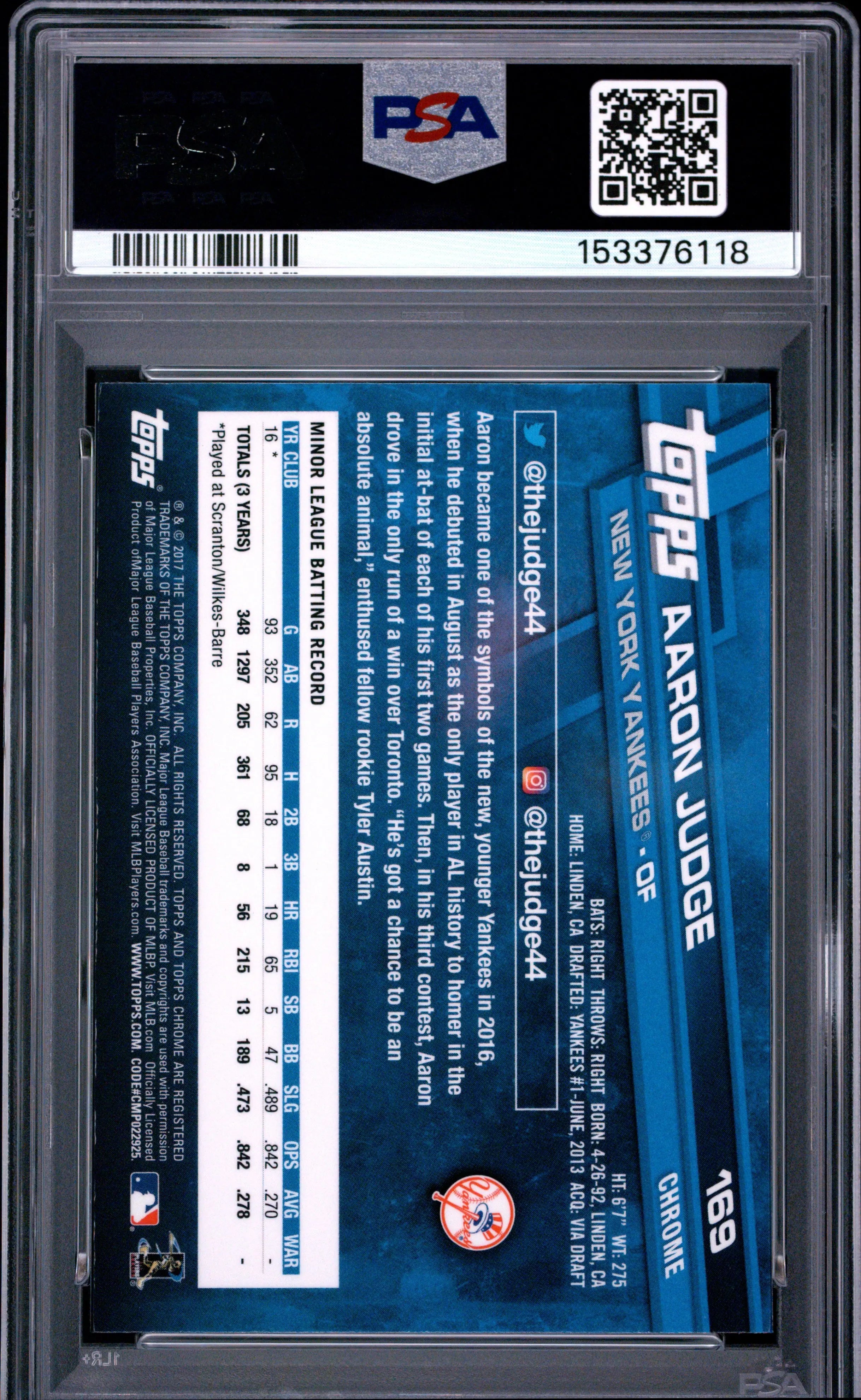 2017 Topps Chrome Rookie Aaron Judge RC PSA 9 
