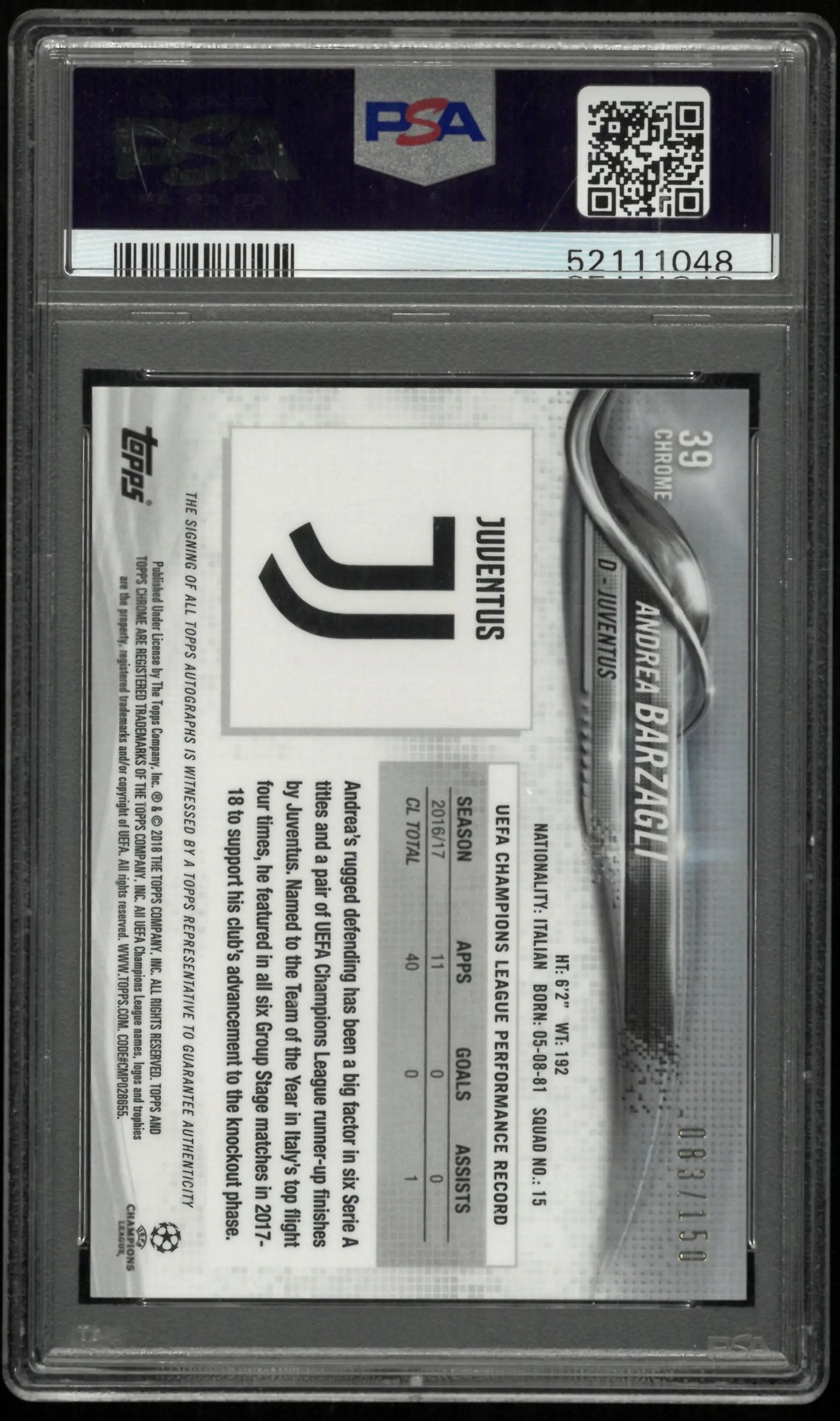 2017 Topps Chrome UEFA CL Andrea Barzagli Blue Refractor Auto PSA 9 /150 