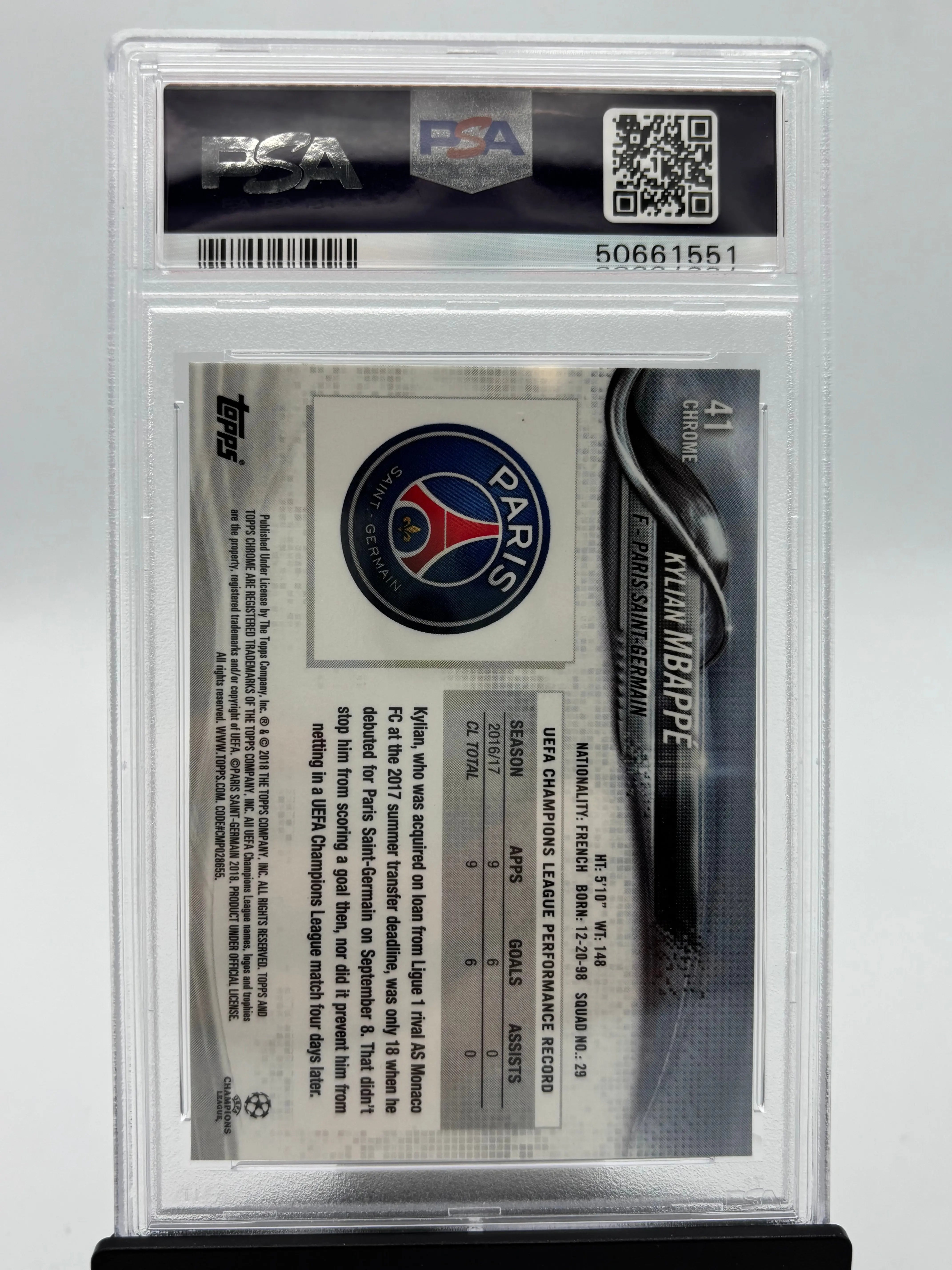 2017 Topps Chrome UEFA Champions League Kylian Mbappe PSA 9 