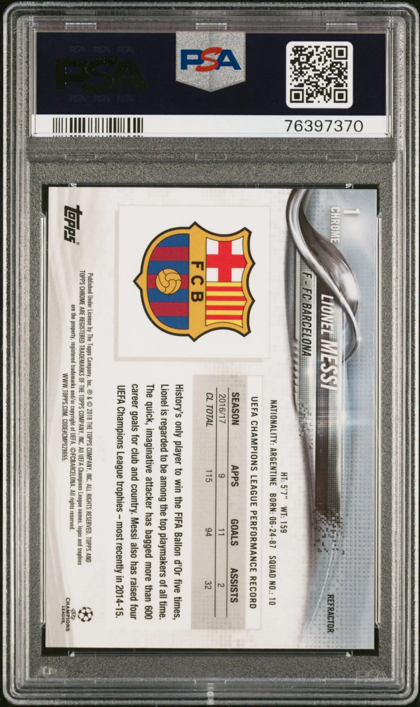 2017 Topps Chrome UEFA Champions League Lionel Messi #1 Refractor PSA 9 