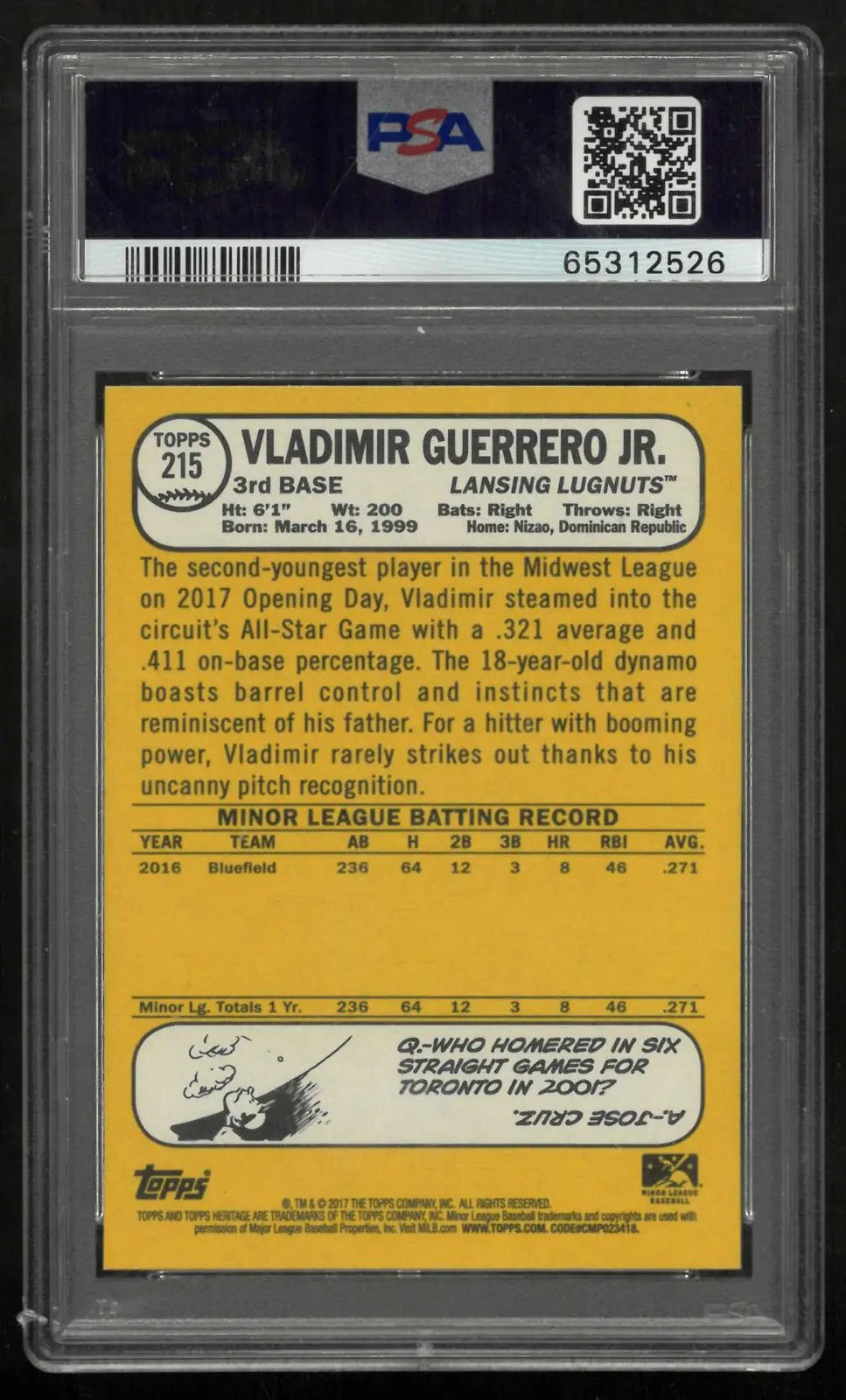 2017 Topps Heritage Minor League Lansing Lugnuts Vladimir Guerrero Jr. PSA 10 