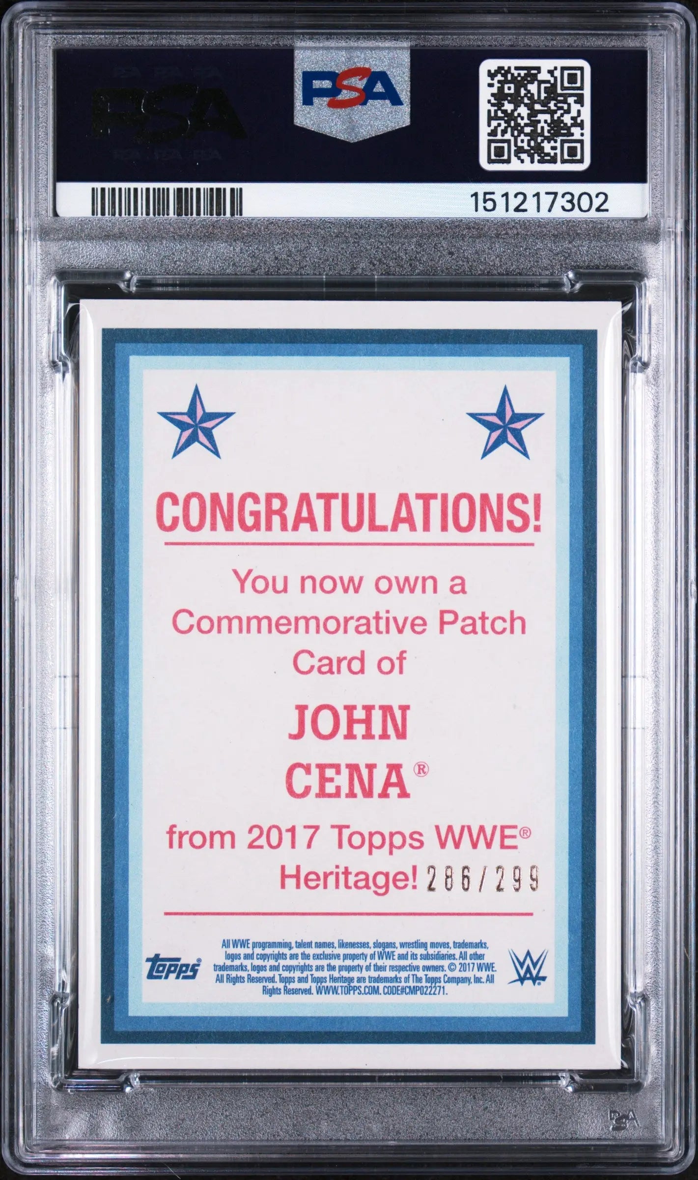 2017 Topps Heritage WWE Commemorative Patch John Cena /299 PSA 9 