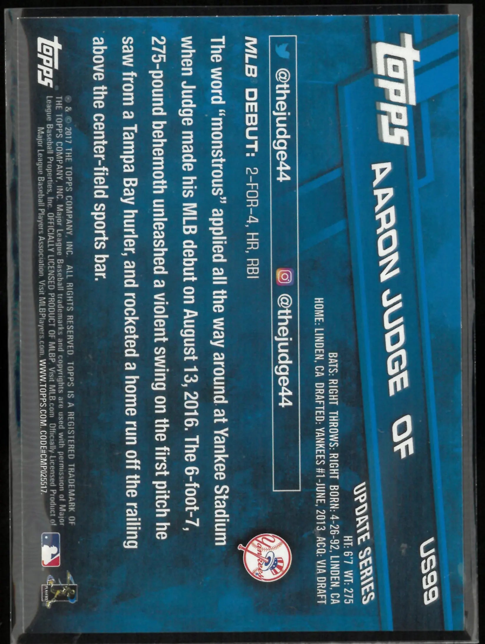 2017 Topps Update Series Aaron Judge Rookie RC 