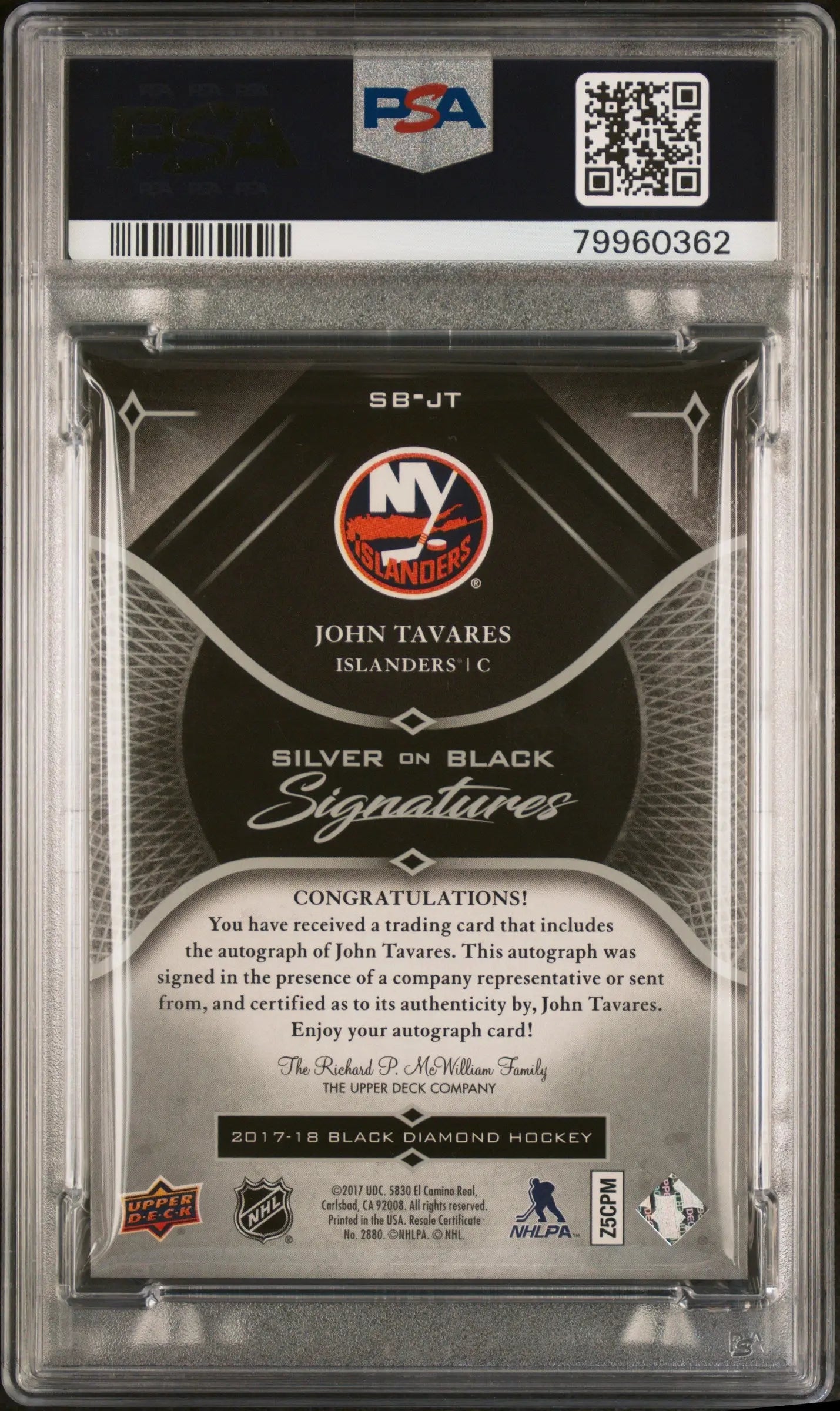 2017 UD Black Diamond Silver On Black Signatures John Tavares Autograph /99 PSA8 