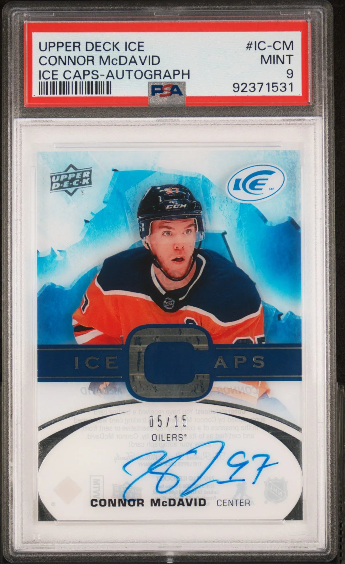 2017 Upper Deck Ice Ice Caps Connor McDavid Autograph Auto /15 PSA 9 