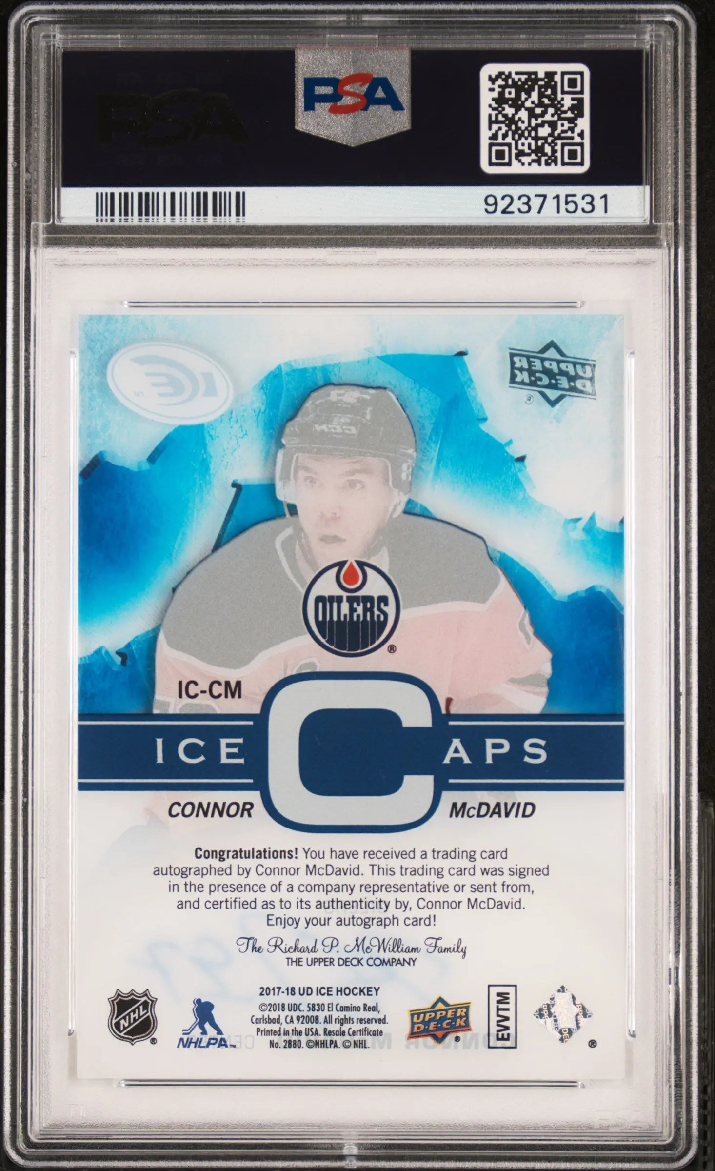 2017 Upper Deck Ice Ice Caps Connor McDavid Autograph Auto /15 PSA 9 
