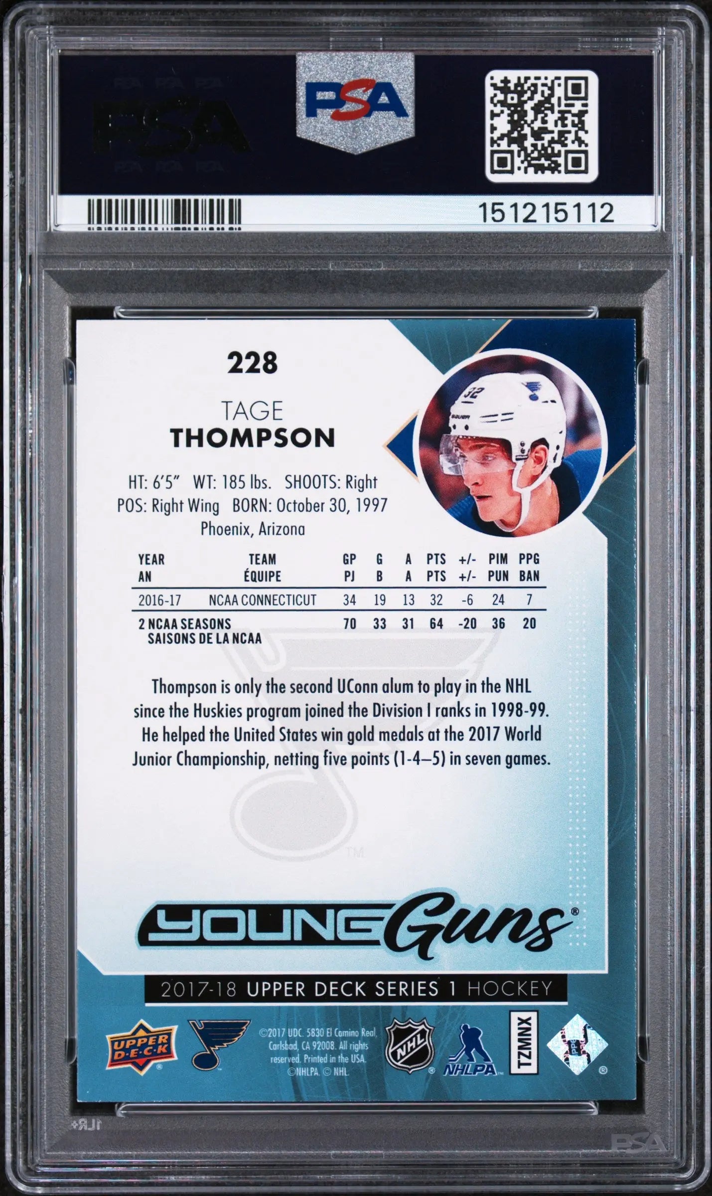2017 Upper Deck Series 1 Young Guns Rookie Tage Thompson RC PSA 9 