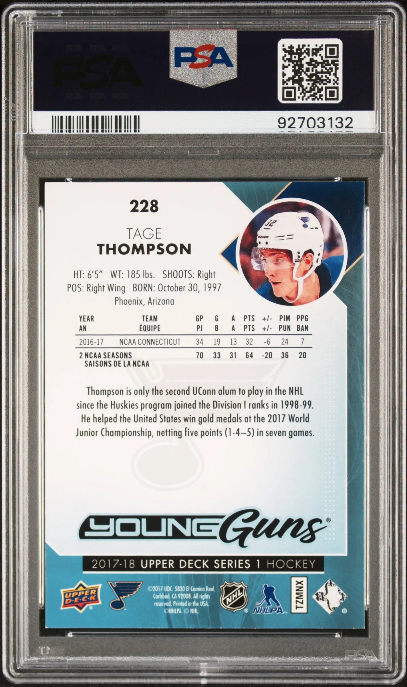 2017 Upper Deck Tage Thompson Young Guns RC Rookie  #228 PSA 9 