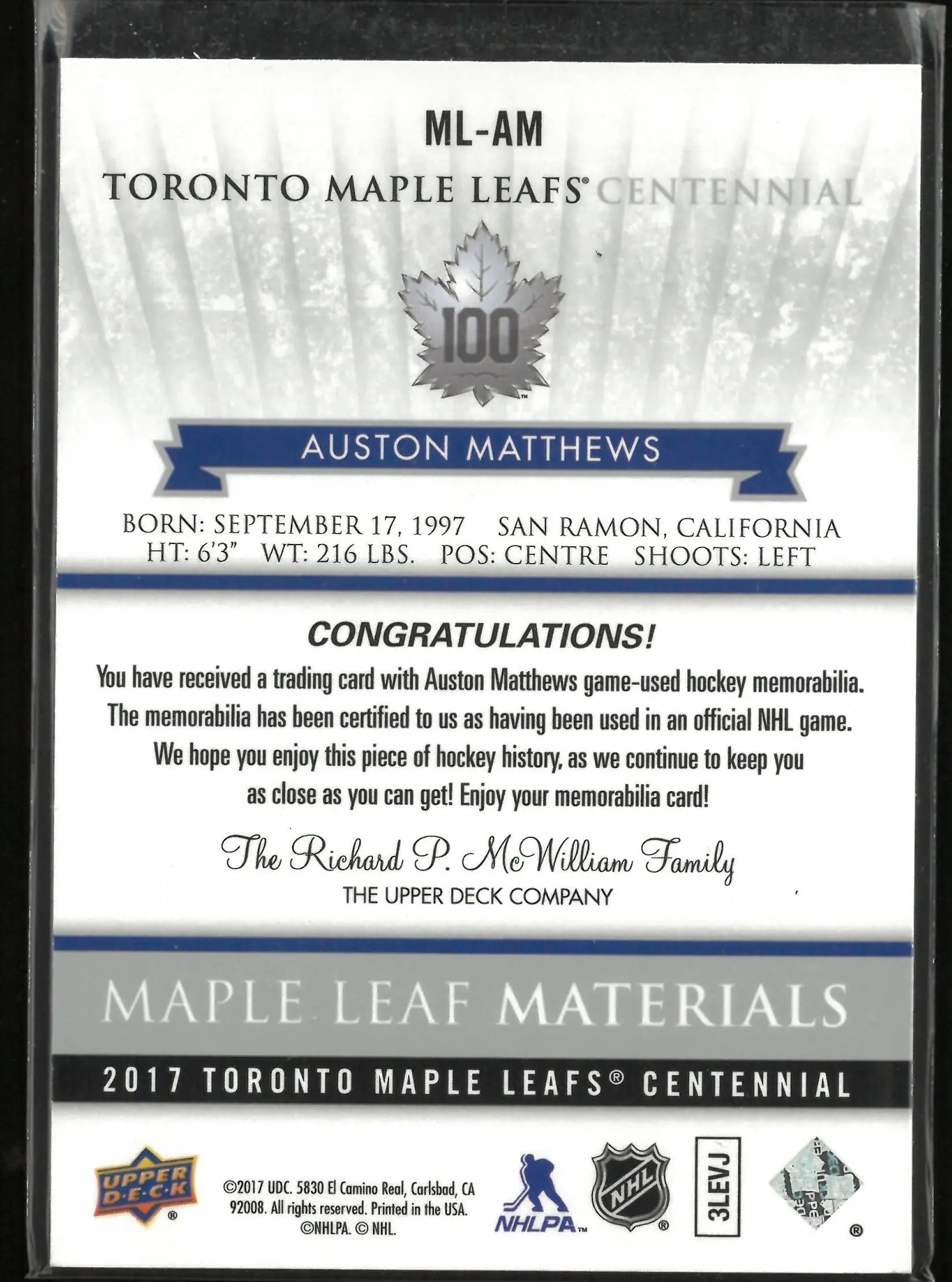 2017 Upper Deck Toronto Maple Leafs Centennial Rookie Materials Auston Matthews 
